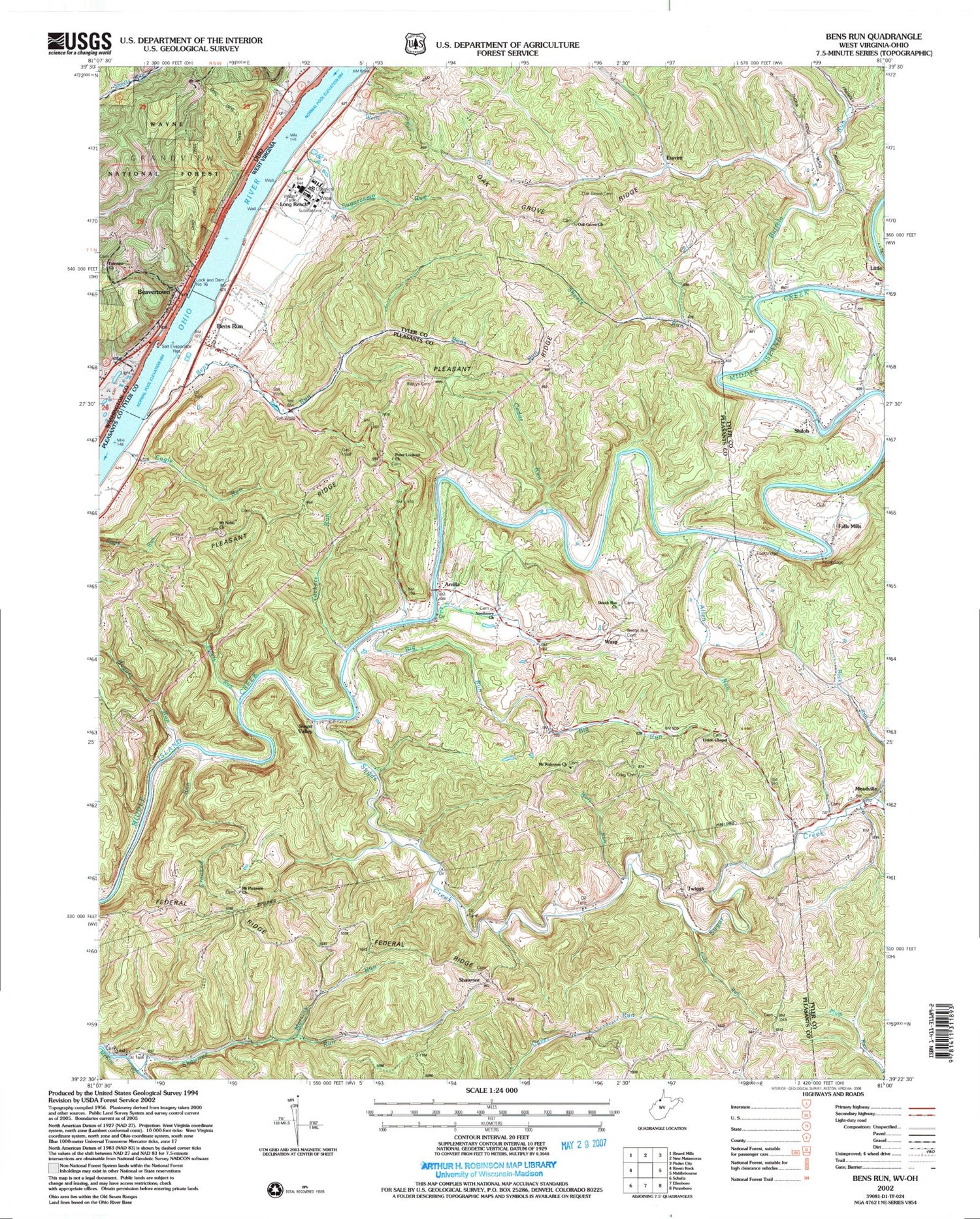 Classic USGS Bens Run West Virginia 7.5'x7.5' Topo Map Image