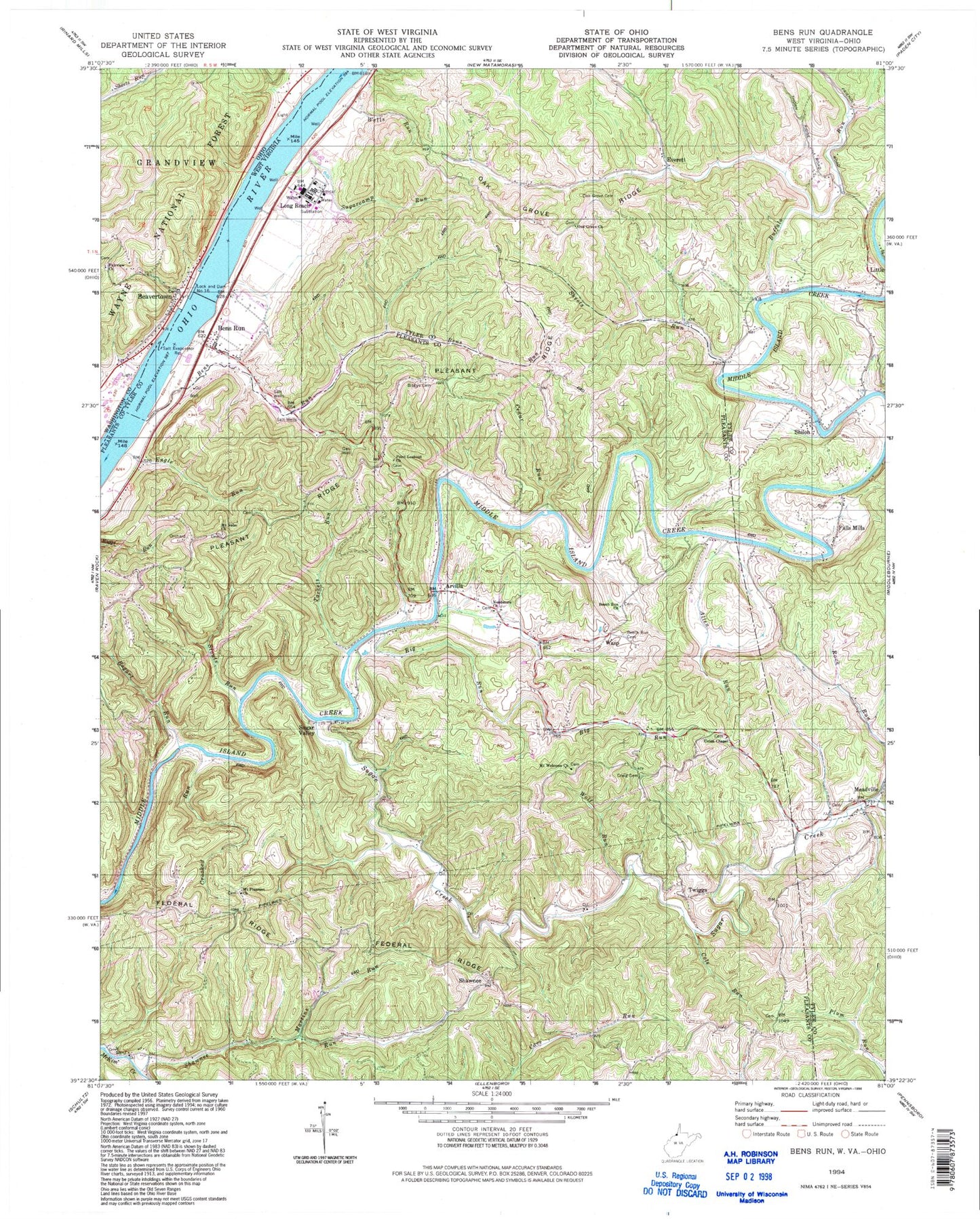 Classic USGS Bens Run West Virginia 7.5'x7.5' Topo Map Image