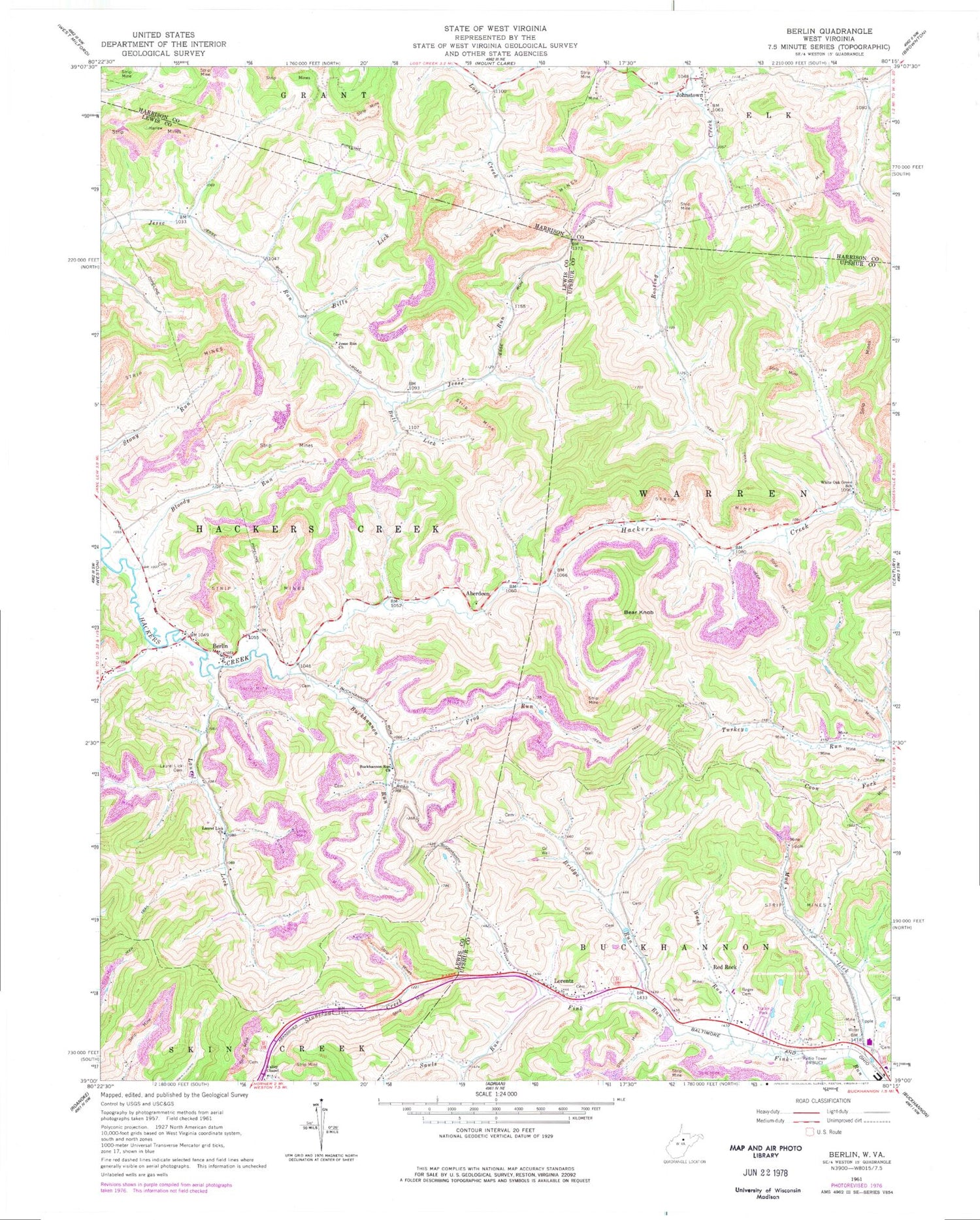 Classic USGS Berlin West Virginia 7.5'x7.5' Topo Map Image