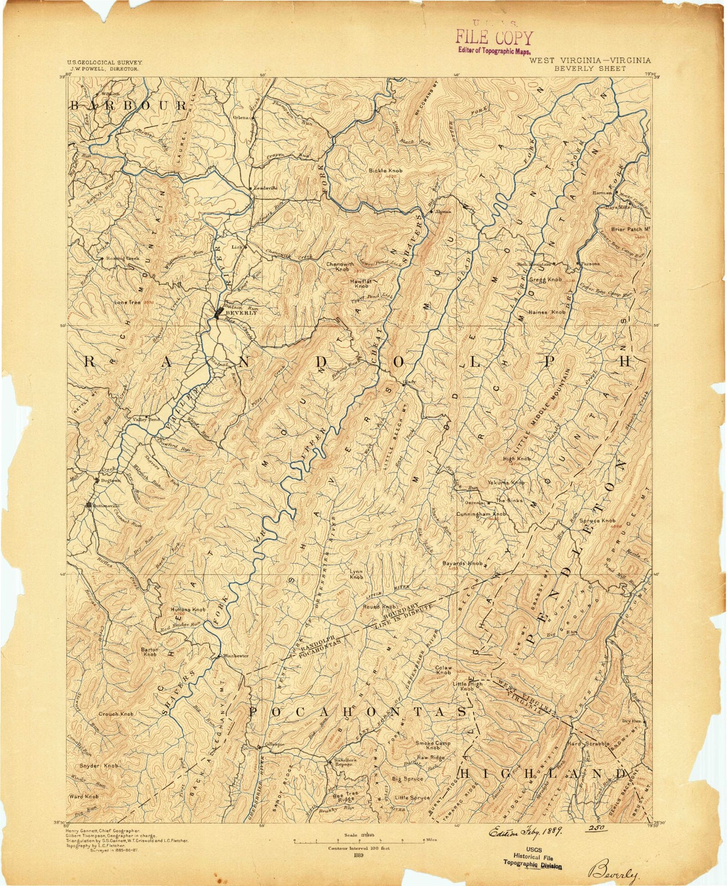 Historic 1889 Beverly West Virginia 30'x30' Topo Map Image