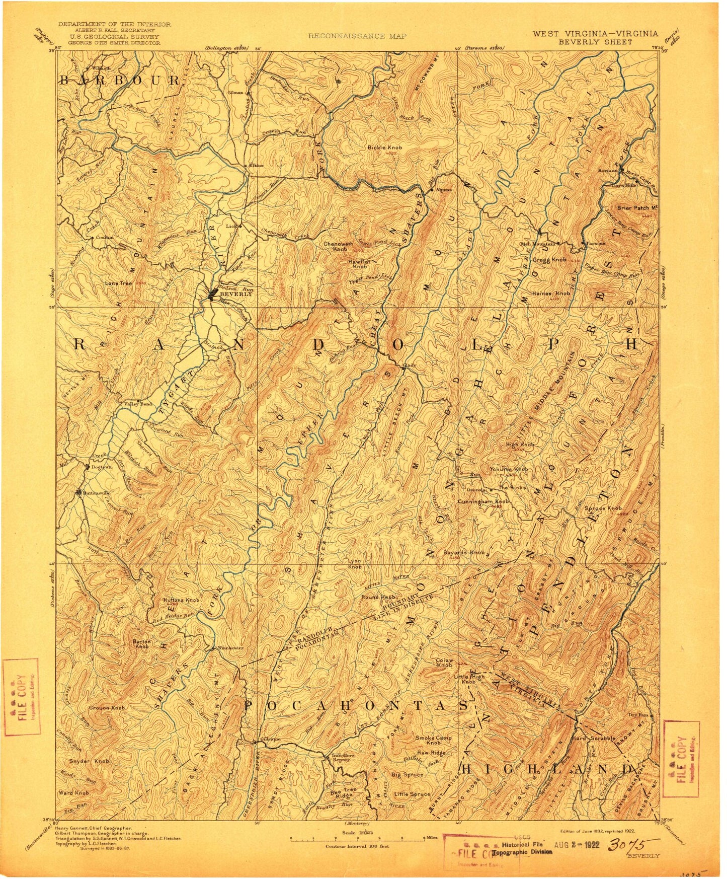 Historic 1892 Beverly West Virginia 30'x30' Topo Map Image
