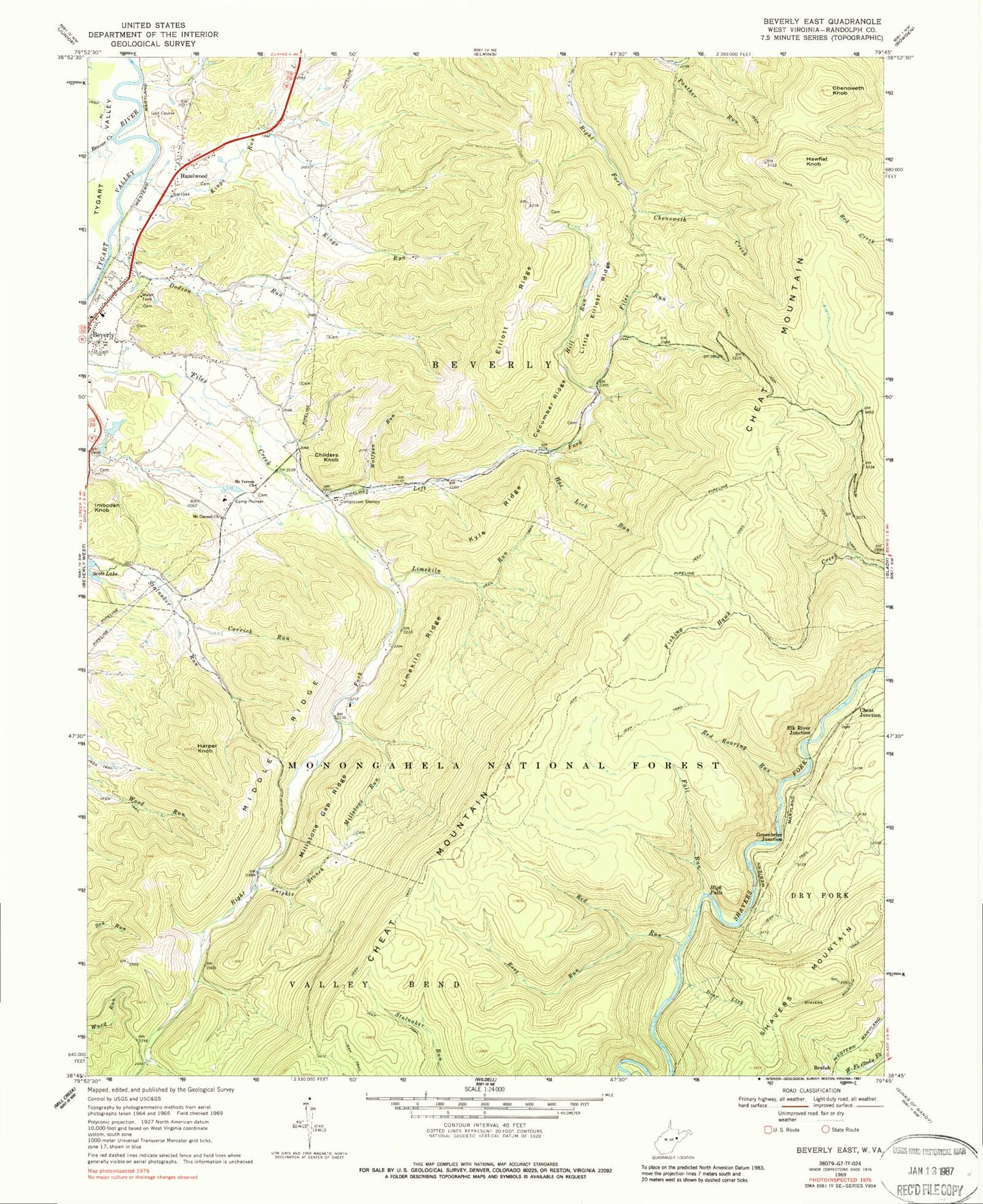 Classic USGS Beverly East West Virginia 7.5'x7.5' Topo Map Image