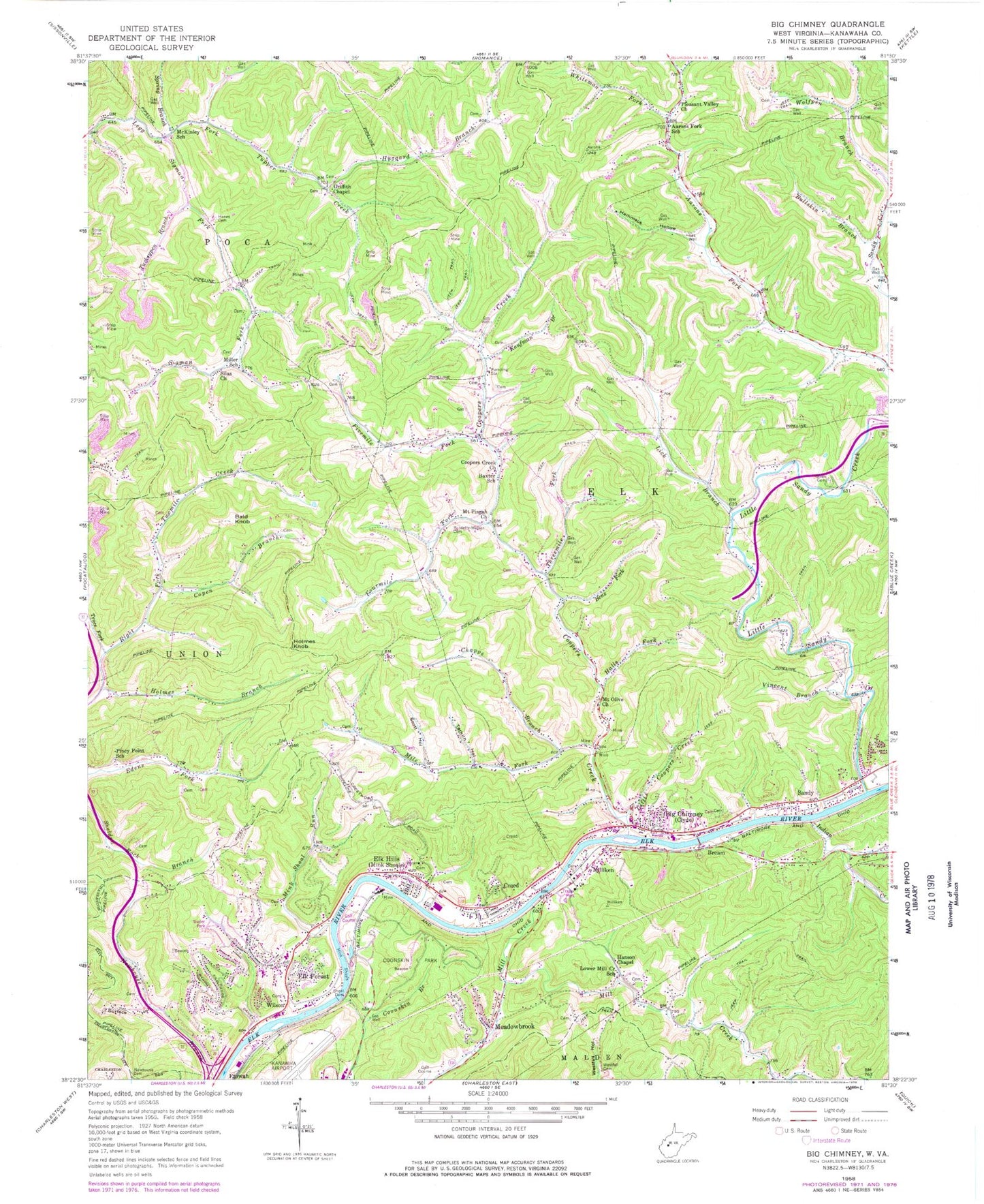 Classic USGS Big Chimney West Virginia 7.5'x7.5' Topo Map Image