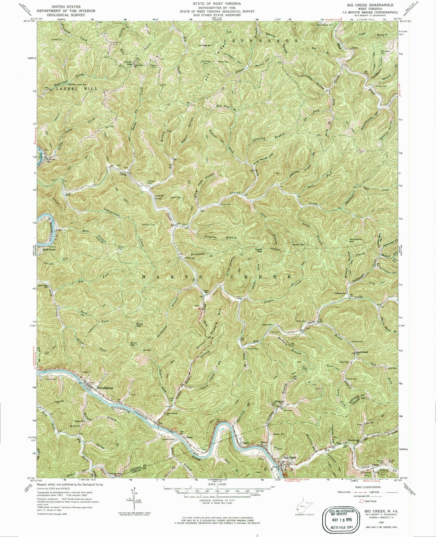 Classic USGS Big Creek West Virginia 7.5'x7.5' Topo Map Image