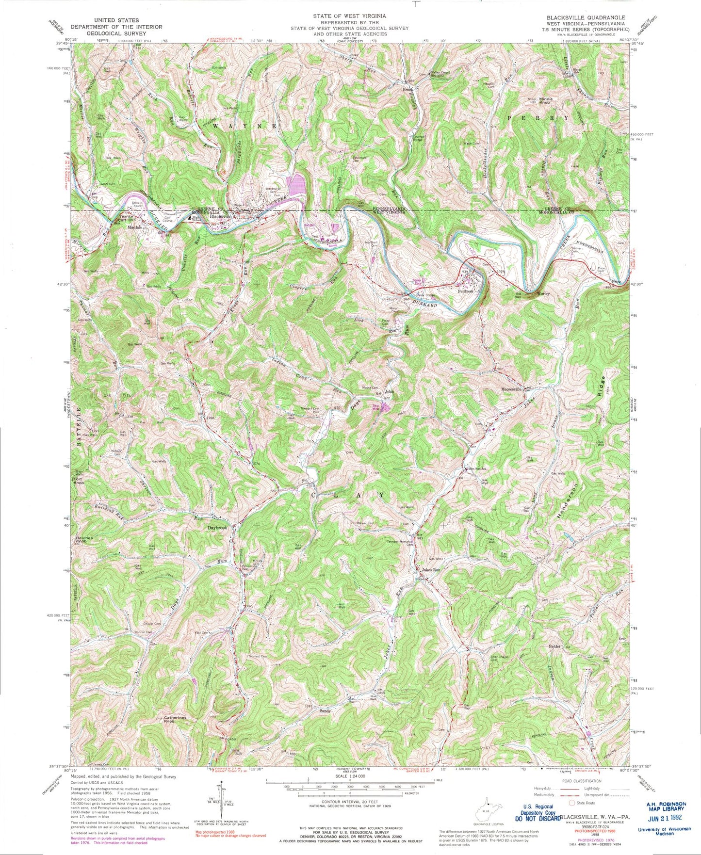 Classic USGS Blacksville West Virginia 7.5'x7.5' Topo Map Image