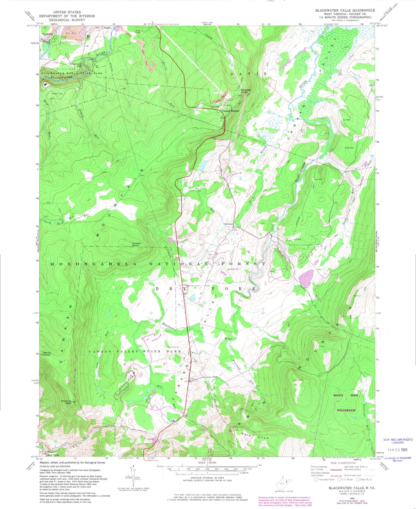 Classic USGS Blackwater Falls West Virginia 7.5'x7.5' Topo Map Image