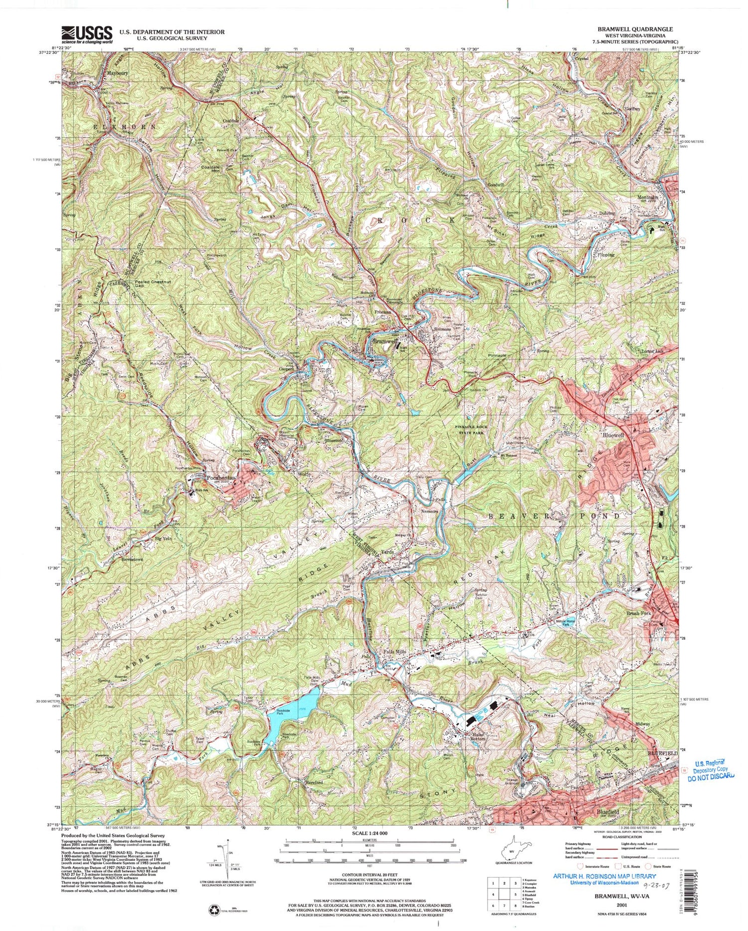 Classic USGS Bramwell West Virginia 7.5'x7.5' Topo Map Image