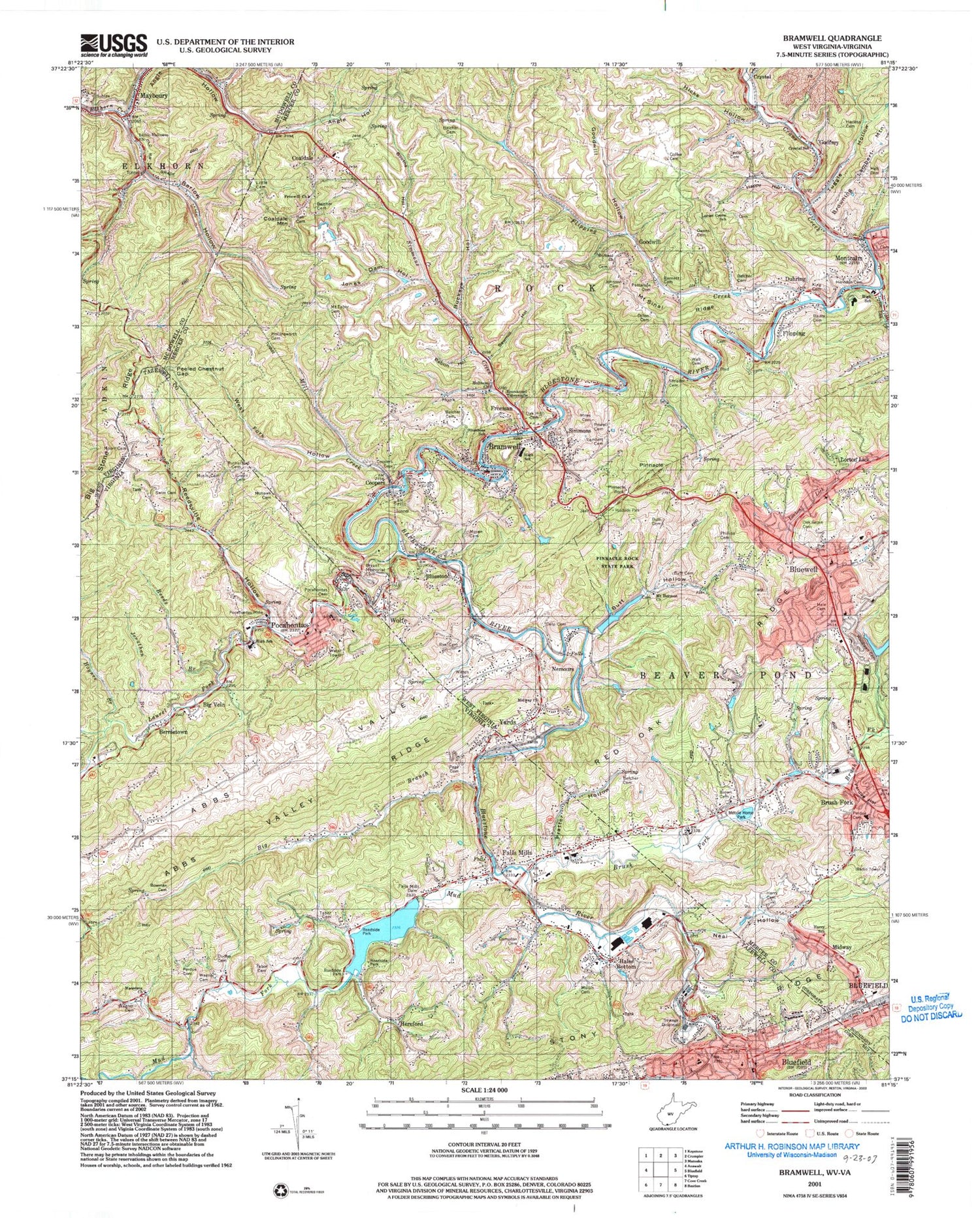 Classic USGS Bramwell West Virginia 7.5'x7.5' Topo Map Image