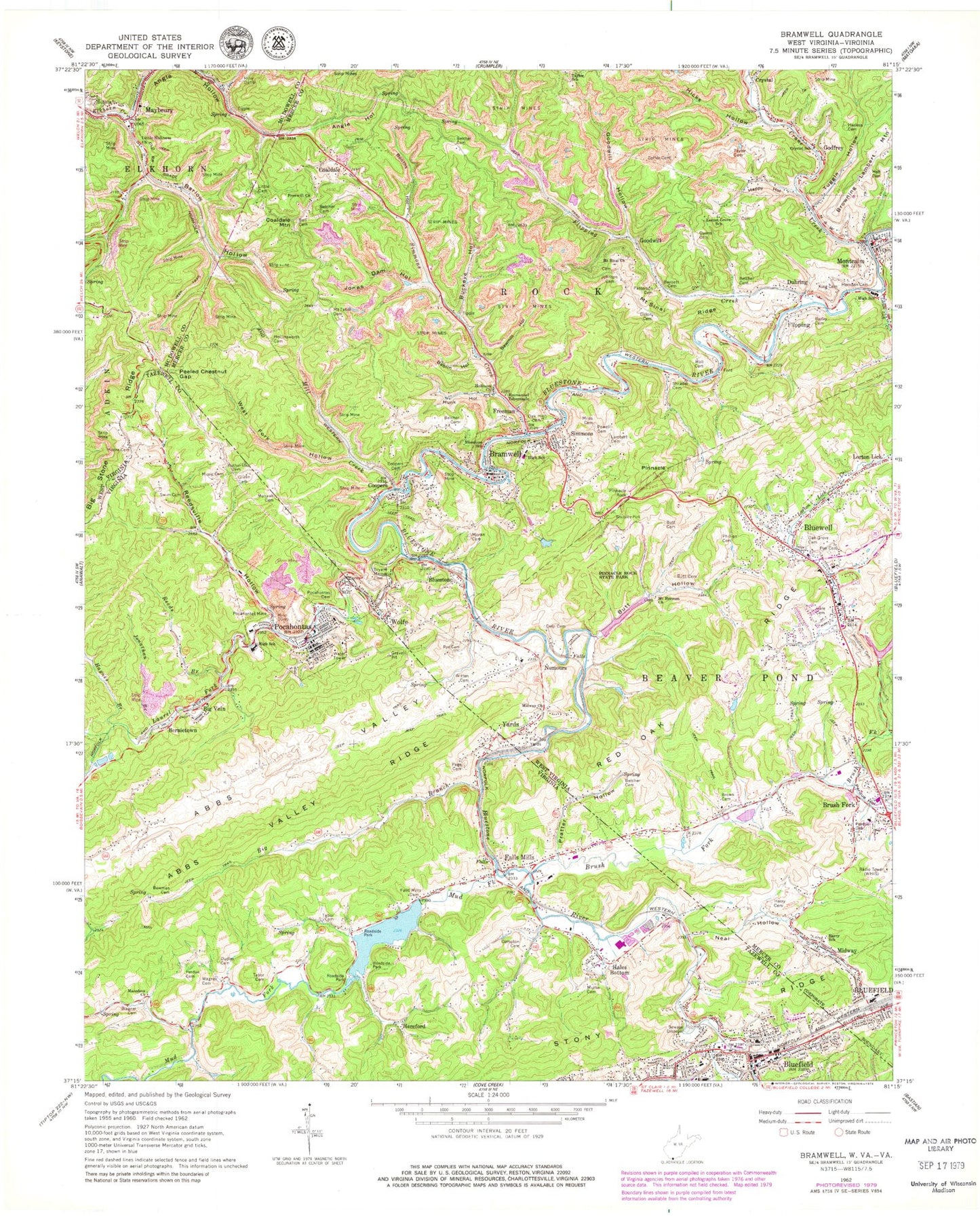 Classic USGS Bramwell West Virginia 7.5'x7.5' Topo Map Image