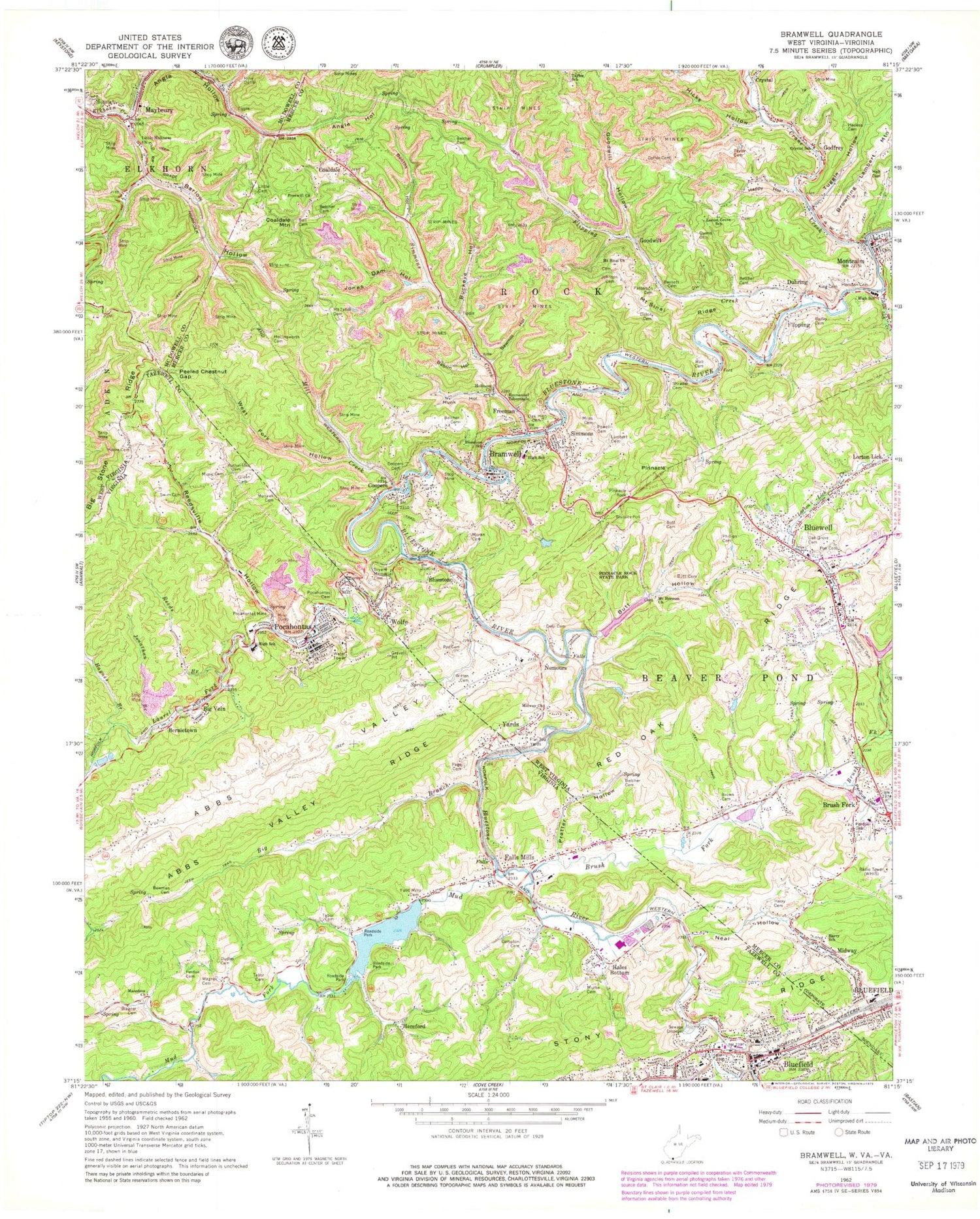 Classic USGS Bramwell West Virginia 7.5'x7.5' Topo Map Image
