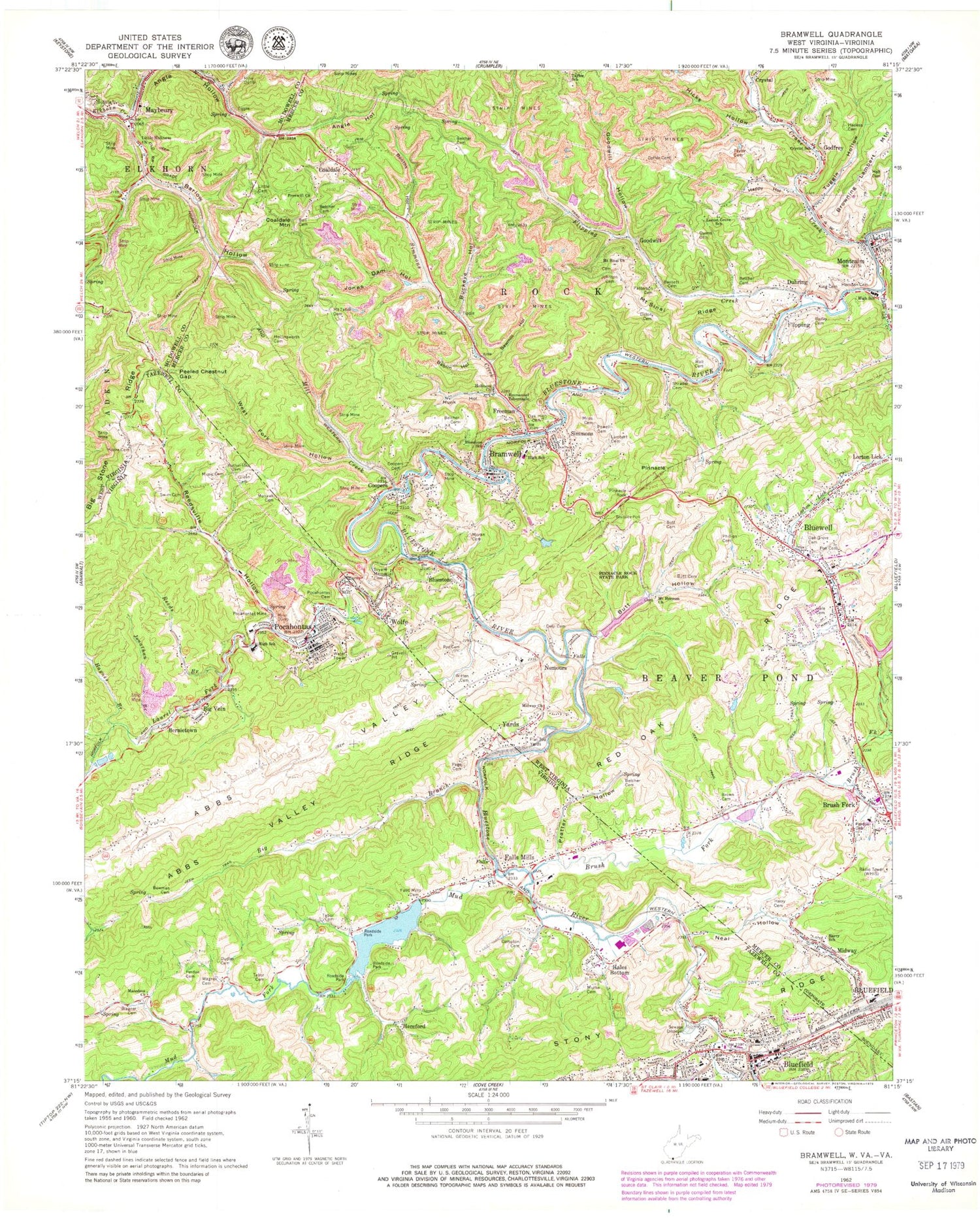 Classic USGS Bramwell West Virginia 7.5'x7.5' Topo Map Image