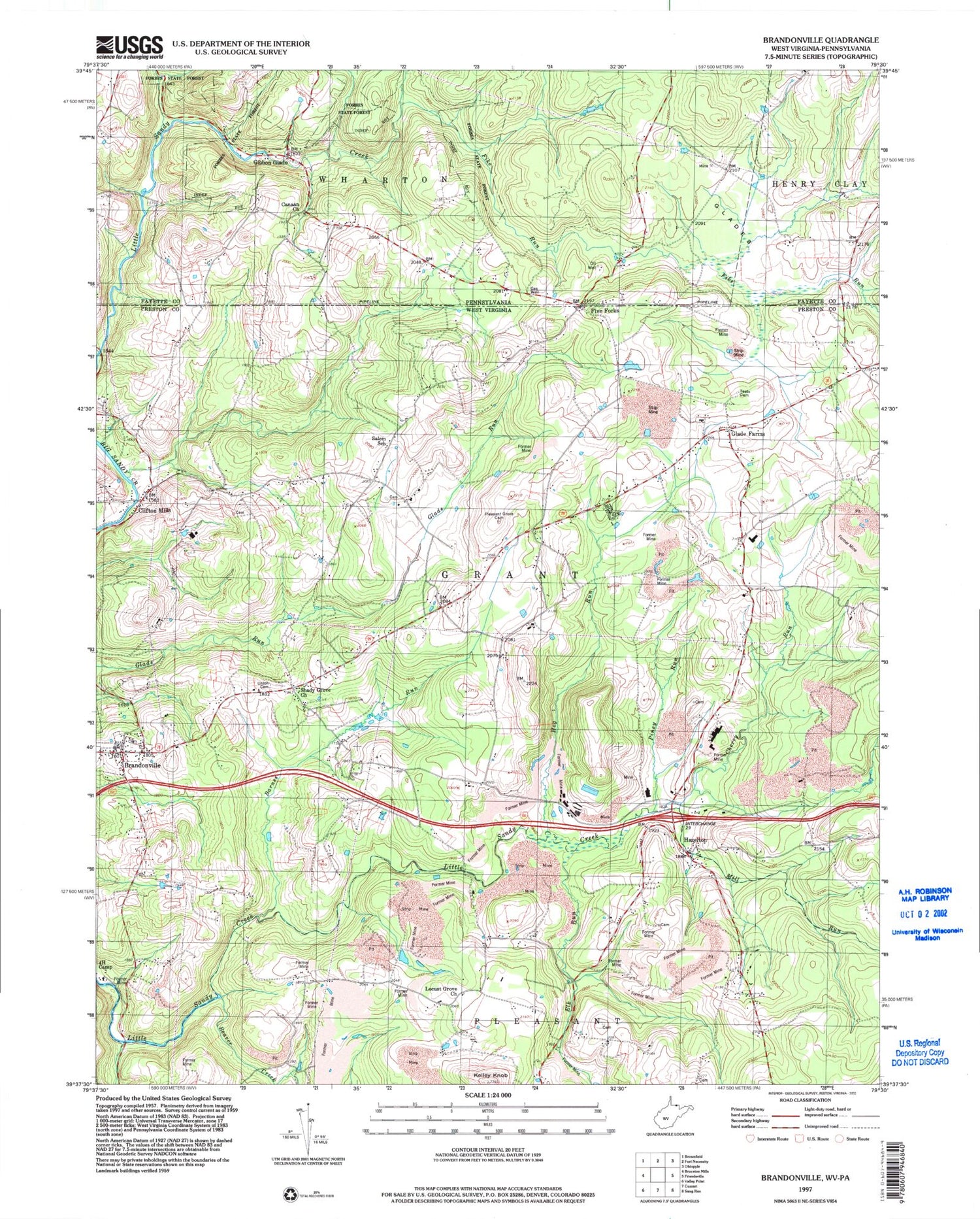 Classic USGS Brandonville West Virginia 7.5'x7.5' Topo Map Image