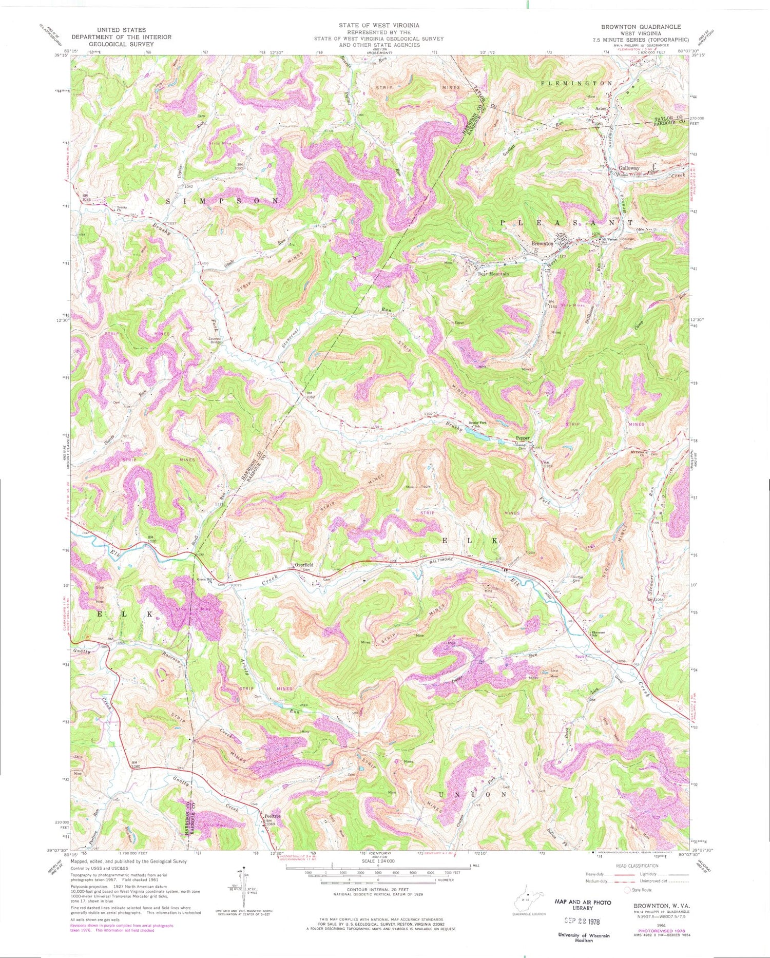 Classic USGS Brownton West Virginia 7.5'x7.5' Topo Map Image