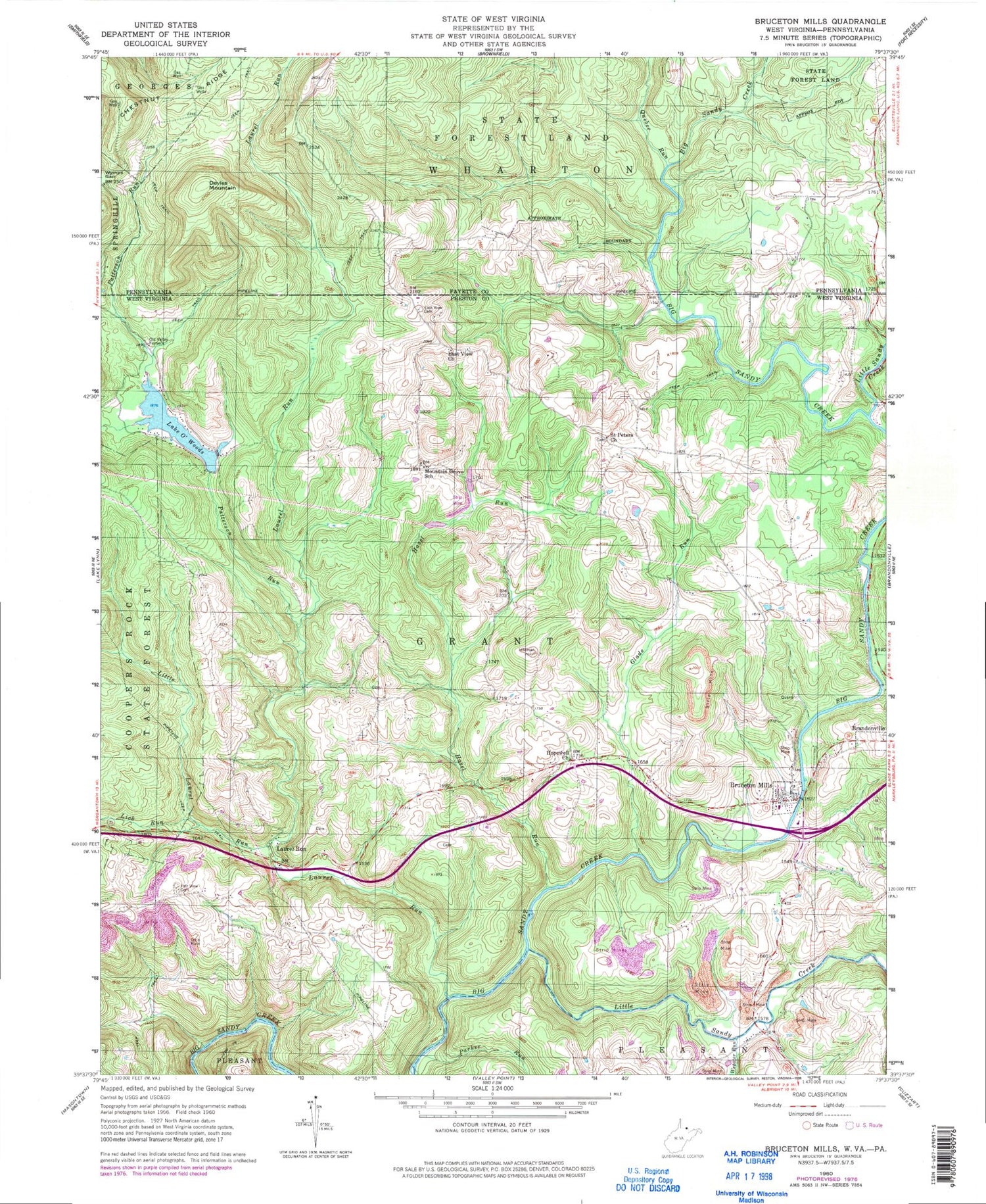 Classic USGS Bruceton Mills West Virginia 7.5'x7.5' Topo Map Image