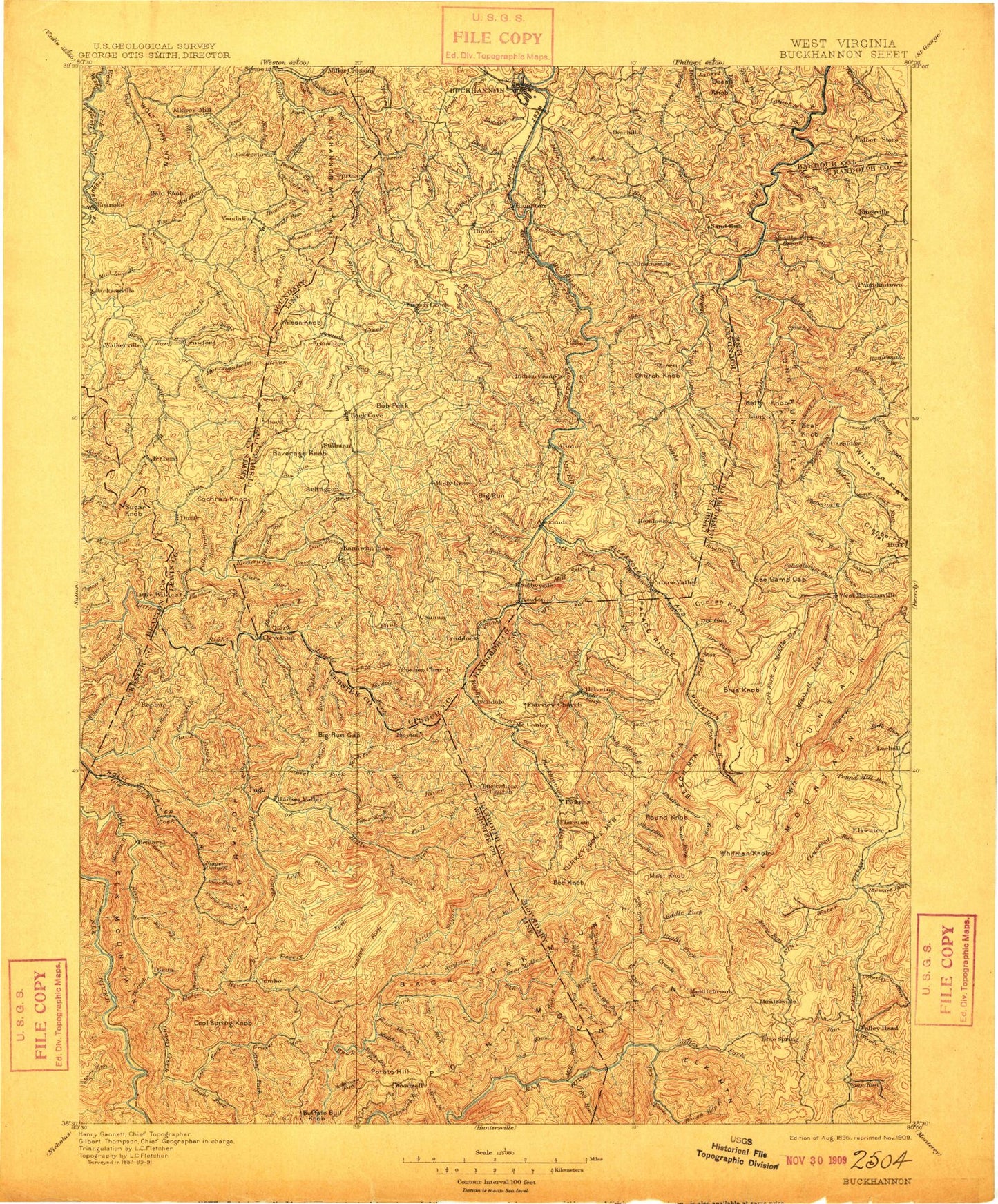 Historic 1896 Buckhannon West Virginia 30'x30' Topo Map Image
