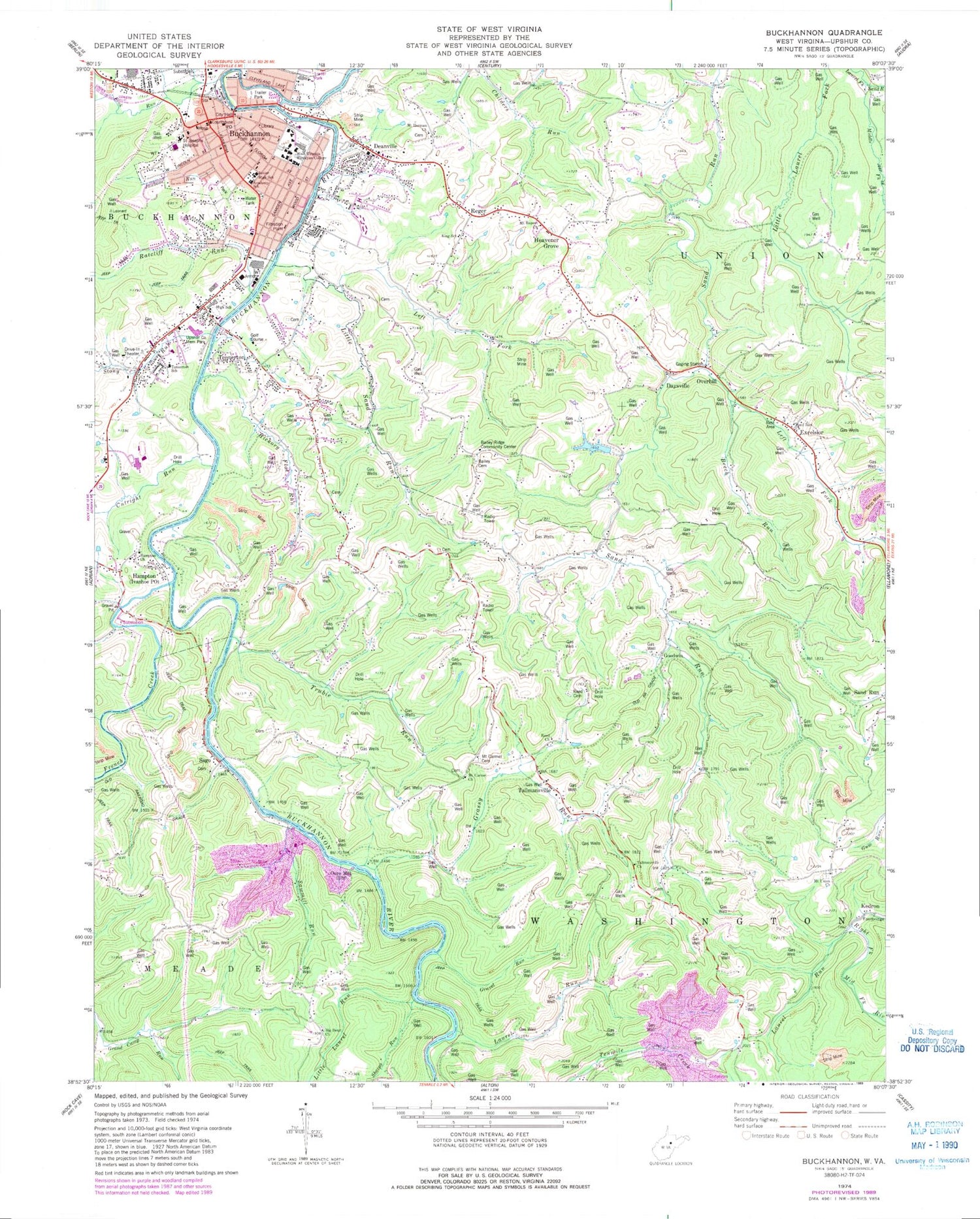 Classic USGS Buckhannon West Virginia 7.5'x7.5' Topo Map Image