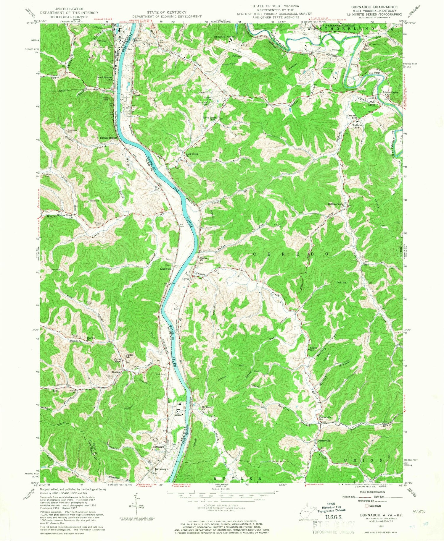 Classic USGS Burnaugh Kentucky 7.5'x7.5' Topo Map Image