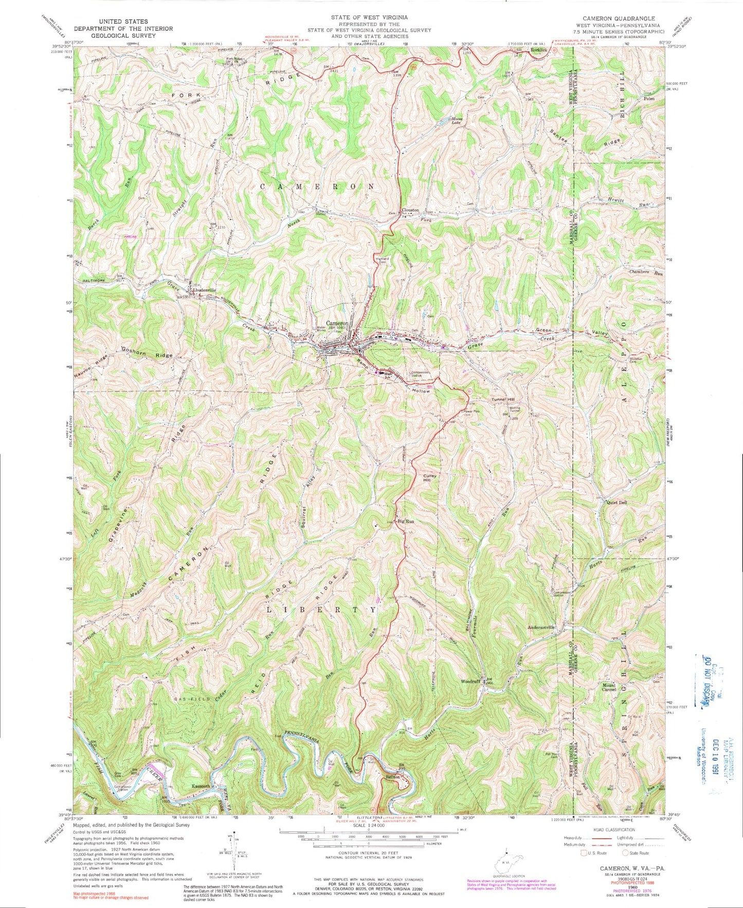 Classic USGS Cameron West Virginia 7.5'x7.5' Topo Map Image