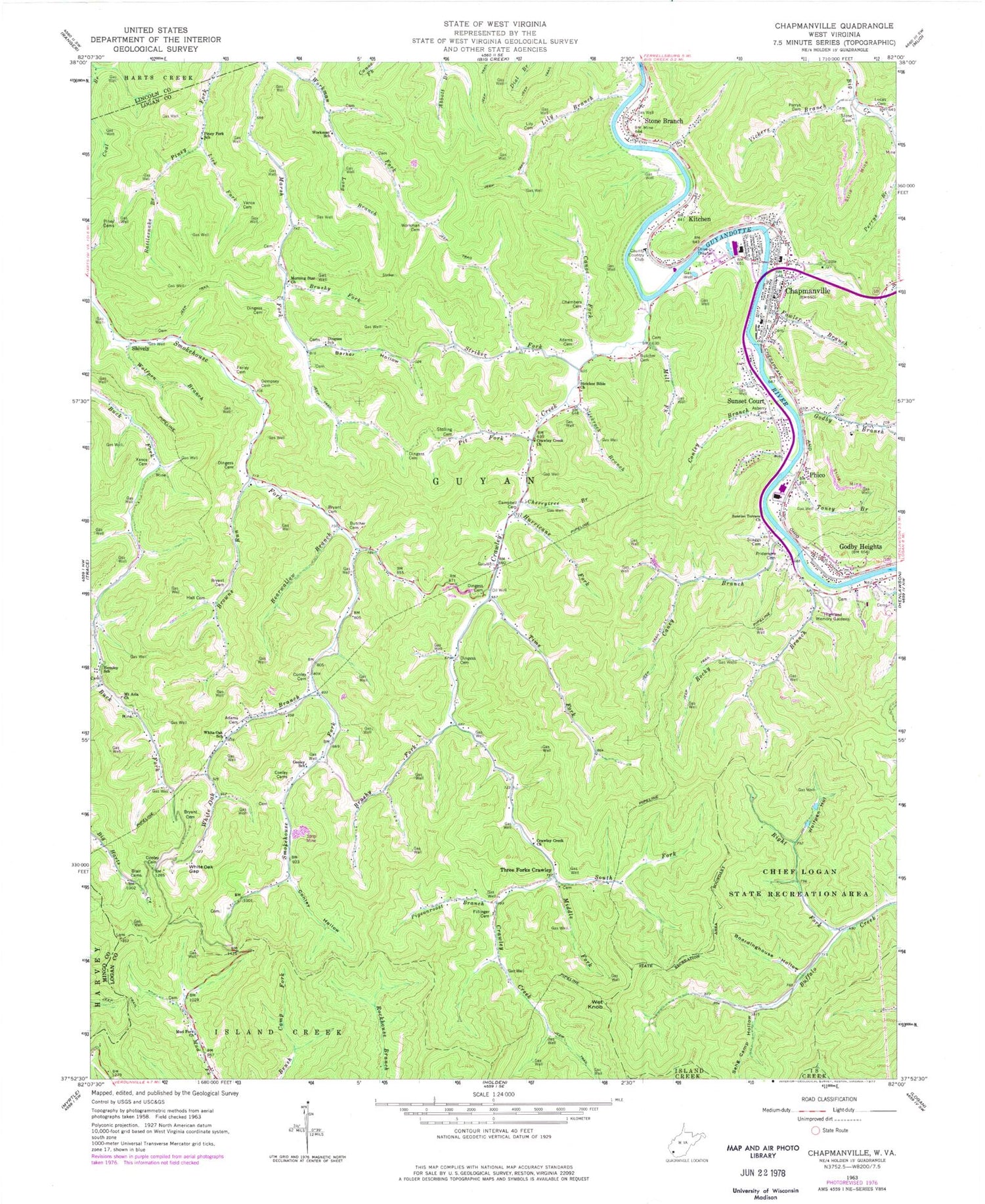 Classic USGS Chapmanville West Virginia 7.5'x7.5' Topo Map Image