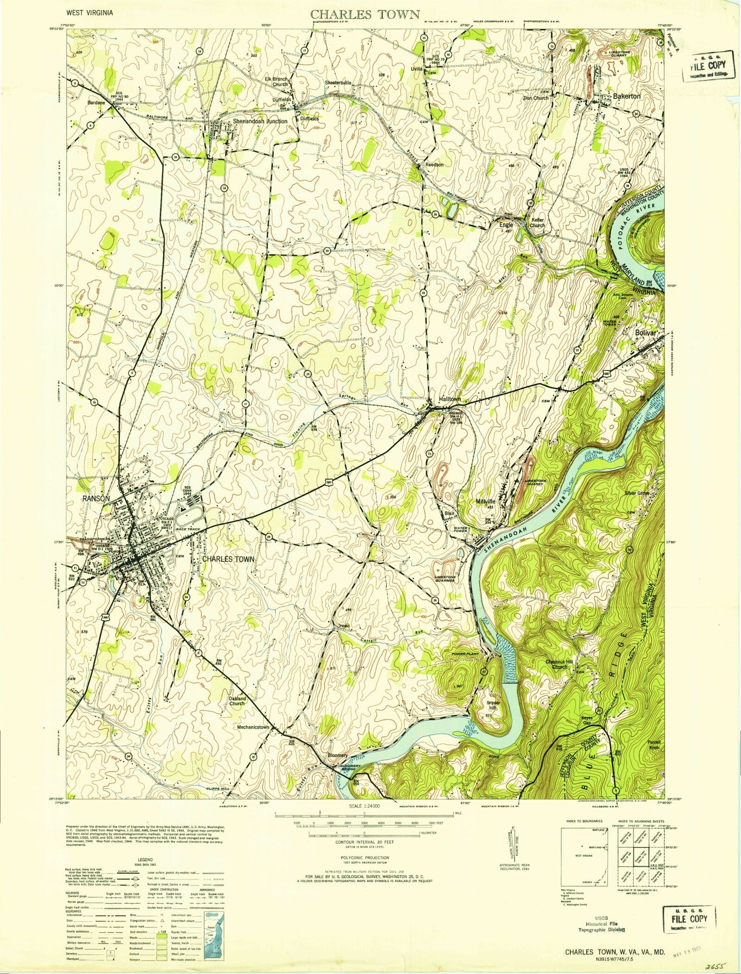 Classic USGS Charles Town West Virginia 7.5'x7.5' Topo Map Image
