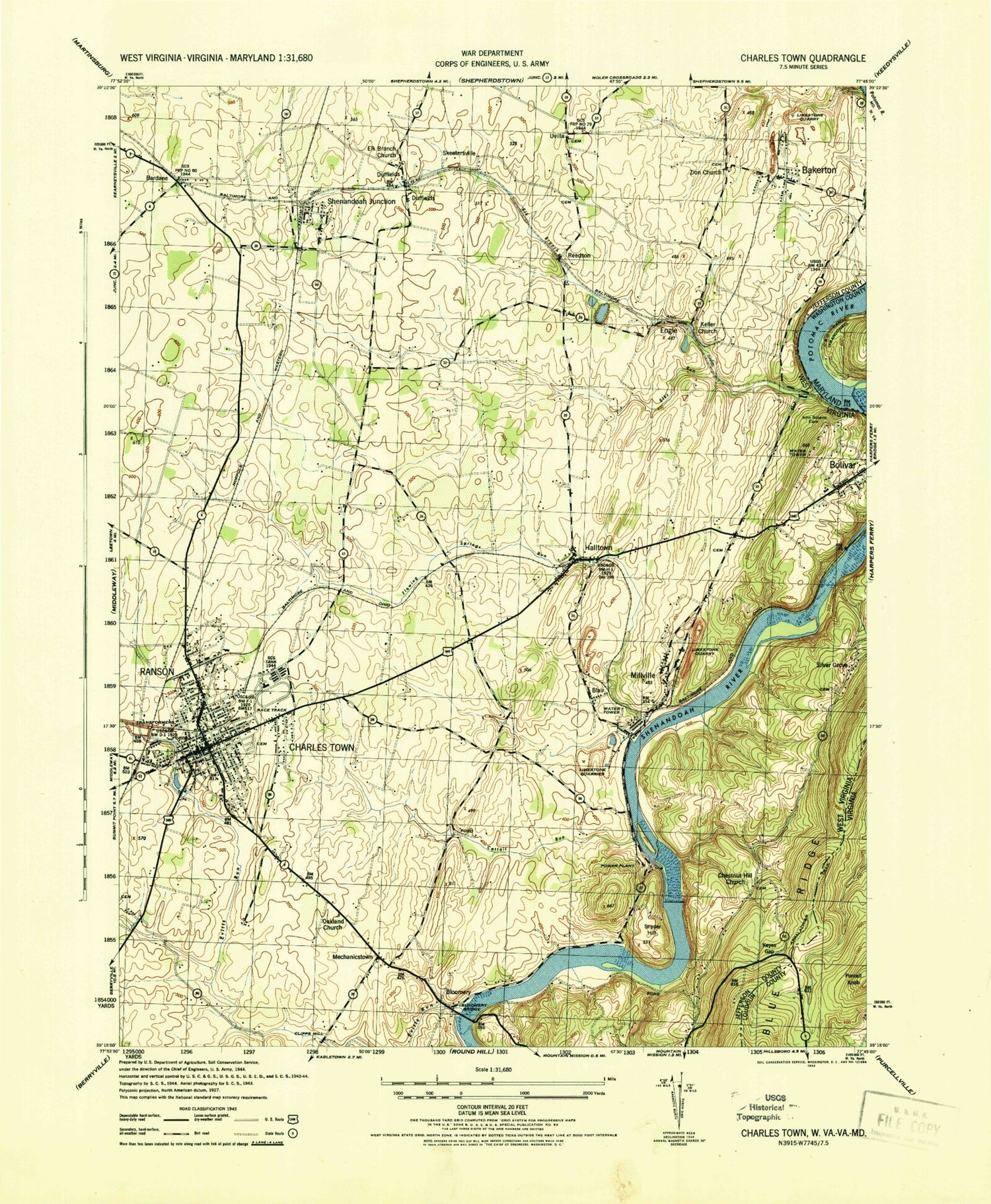 Classic USGS Charles Town West Virginia 7.5'x7.5' Topo Map Image