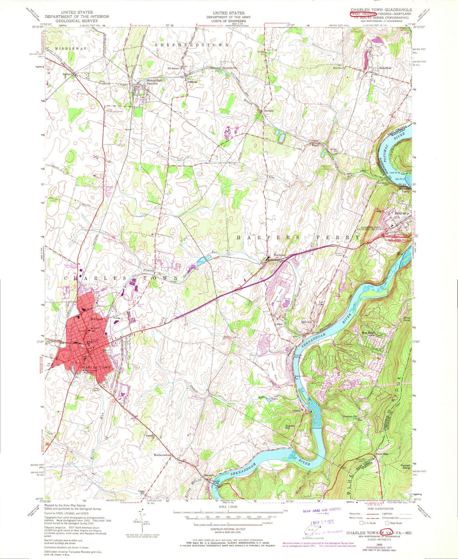 Classic USGS Charles Town West Virginia 7.5'x7.5' Topo Map Image
