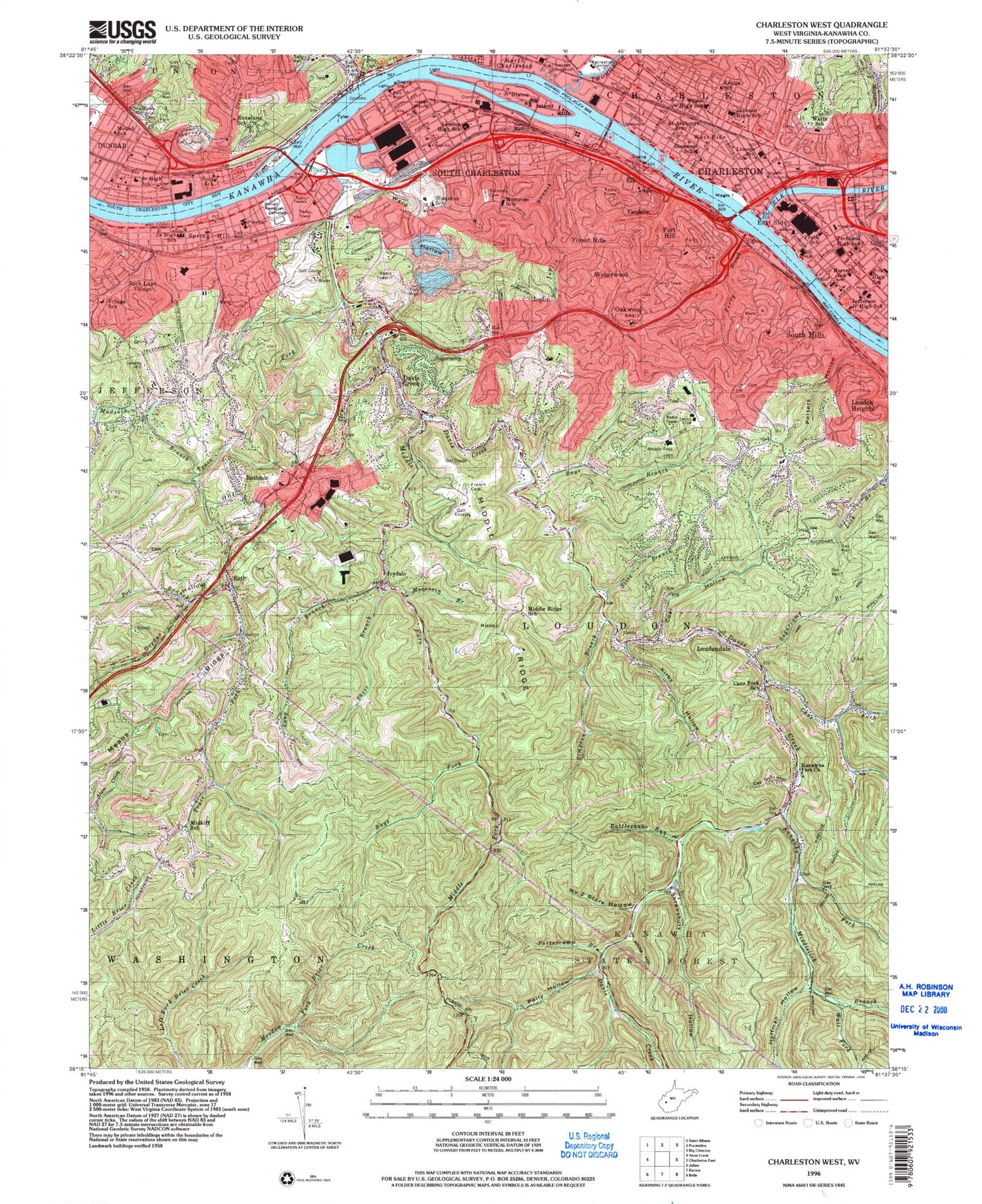 Classic USGS Charleston West West Virginia 7.5'x7.5' Topo Map Image