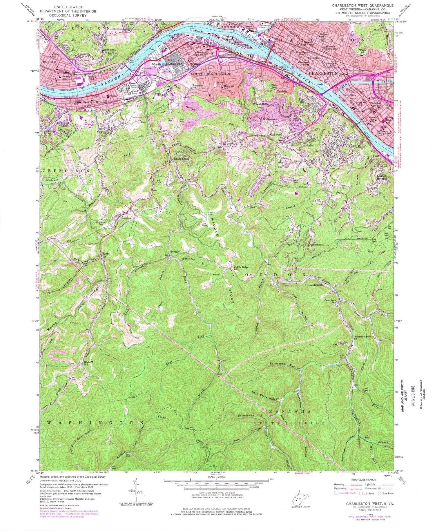 Classic USGS Charleston West West Virginia 7.5'x7.5' Topo Map Image