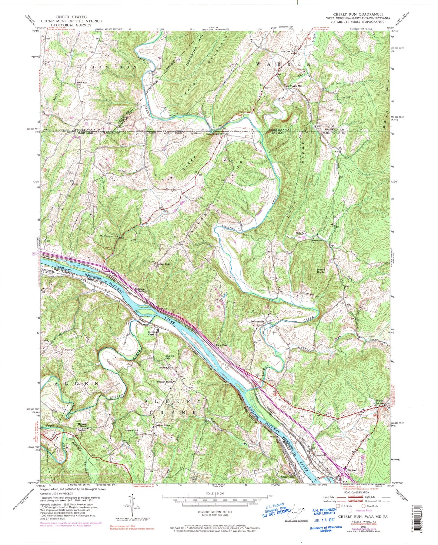 Classic USGS Cherry Run West Virginia 7.5'x7.5' Topo Map Image