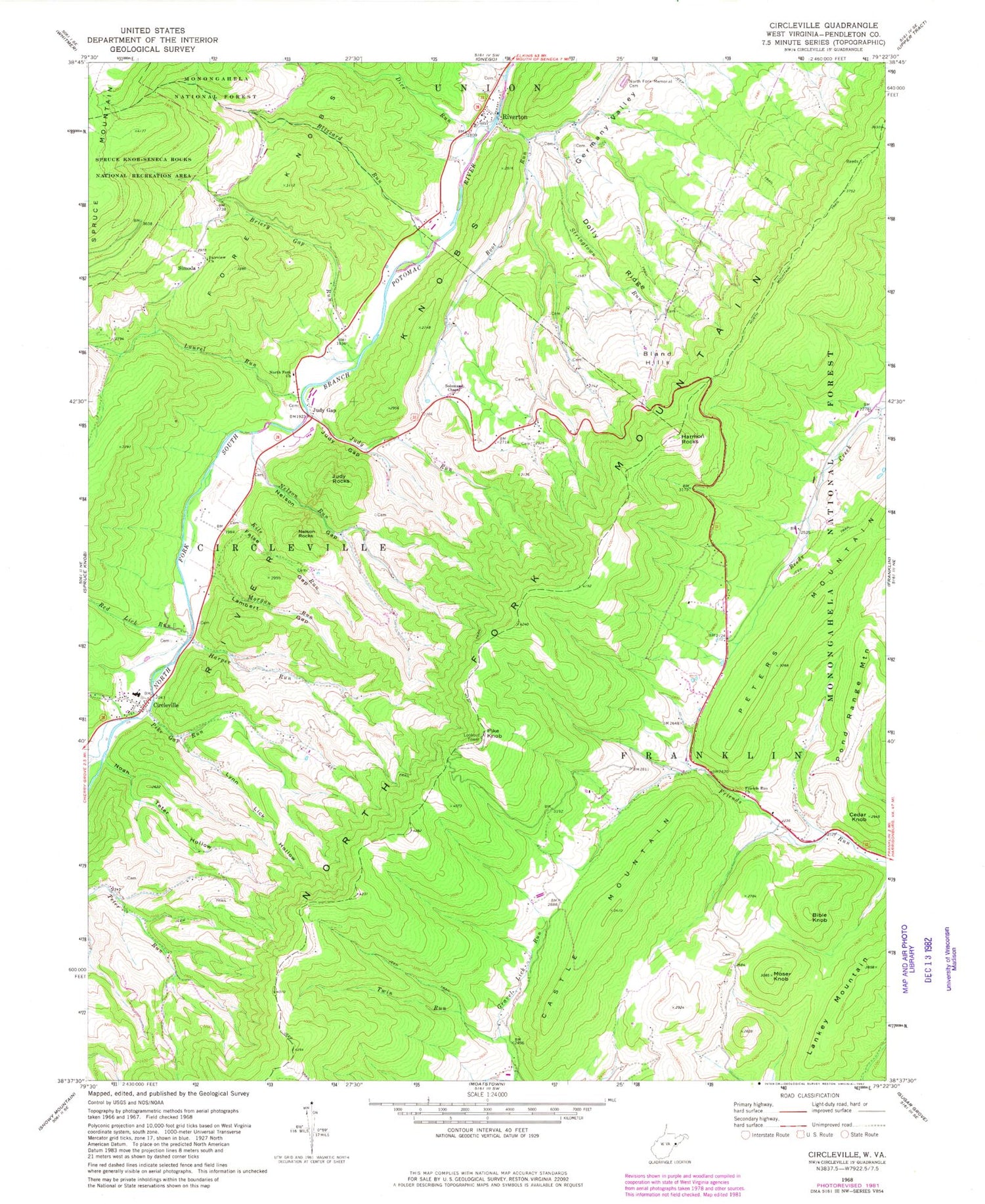 Classic USGS Circleville West Virginia 7.5'x7.5' Topo Map Image