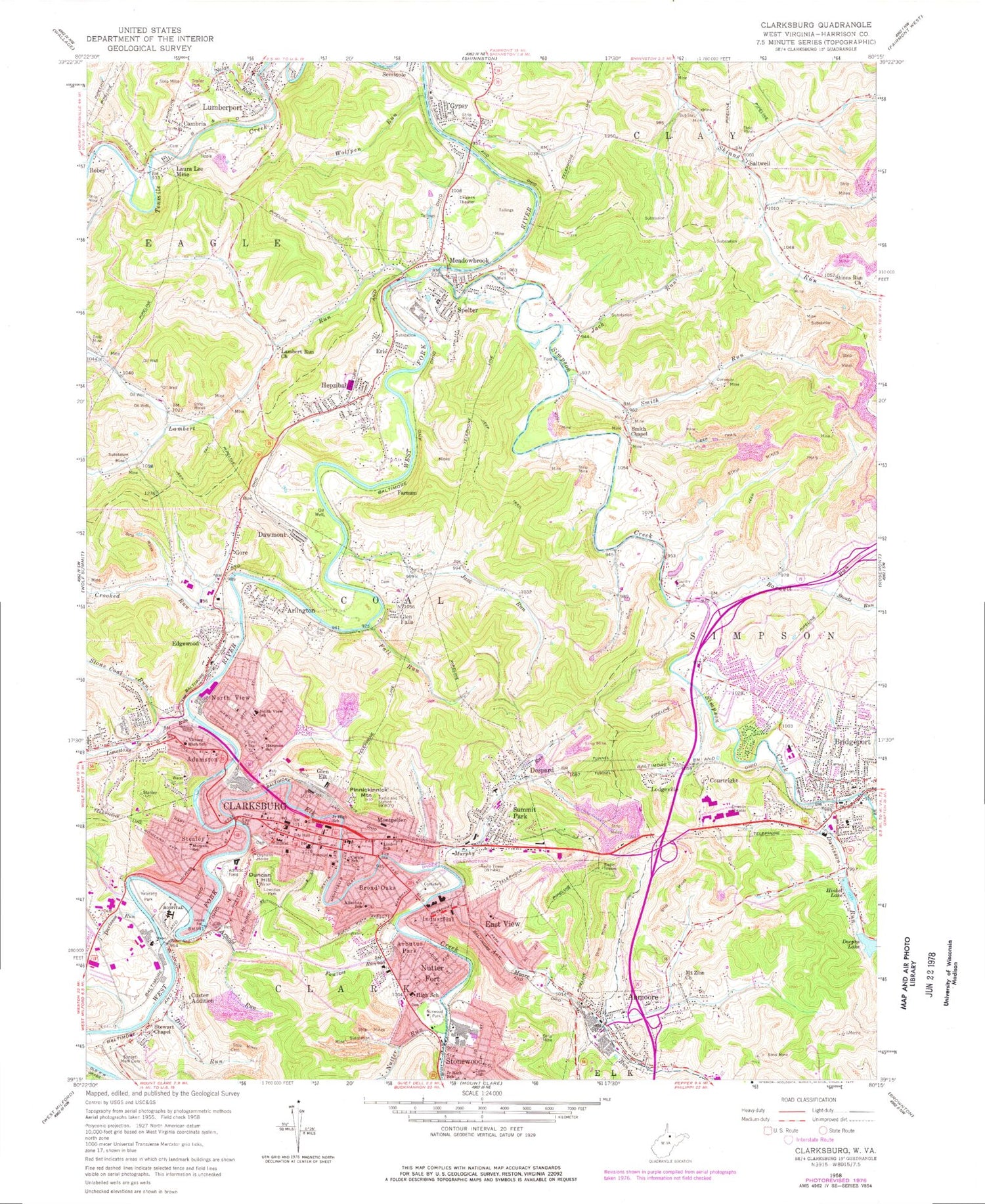 Classic USGS Clarksburg West Virginia 7.5'x7.5' Topo Map Image