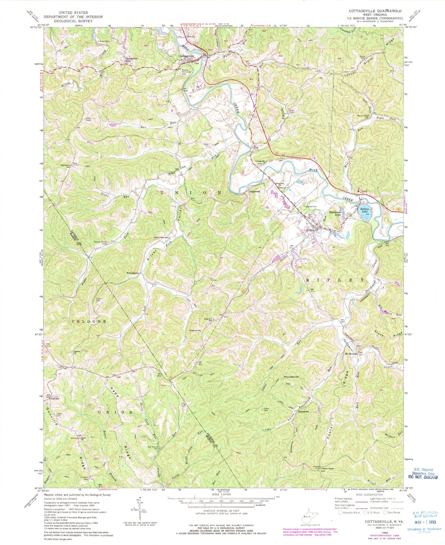 Classic USGS Cottageville West Virginia 7.5'x7.5' Topo Map Image