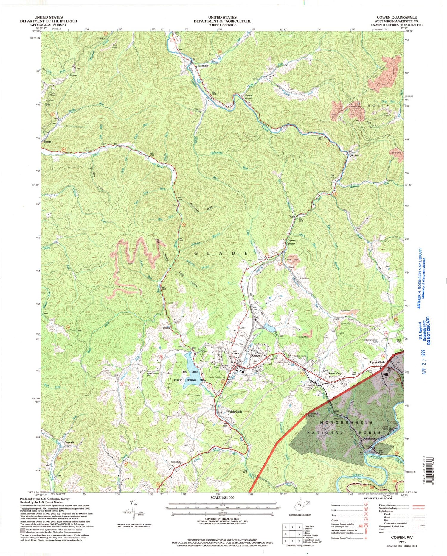 Classic USGS Cowen West Virginia 7.5'x7.5' Topo Map Image