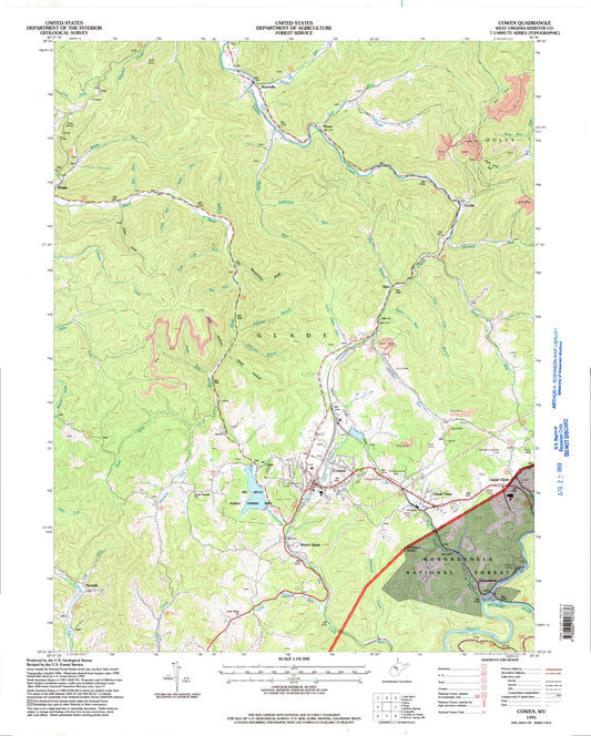Classic USGS Cowen West Virginia 7.5'x7.5' Topo Map Image