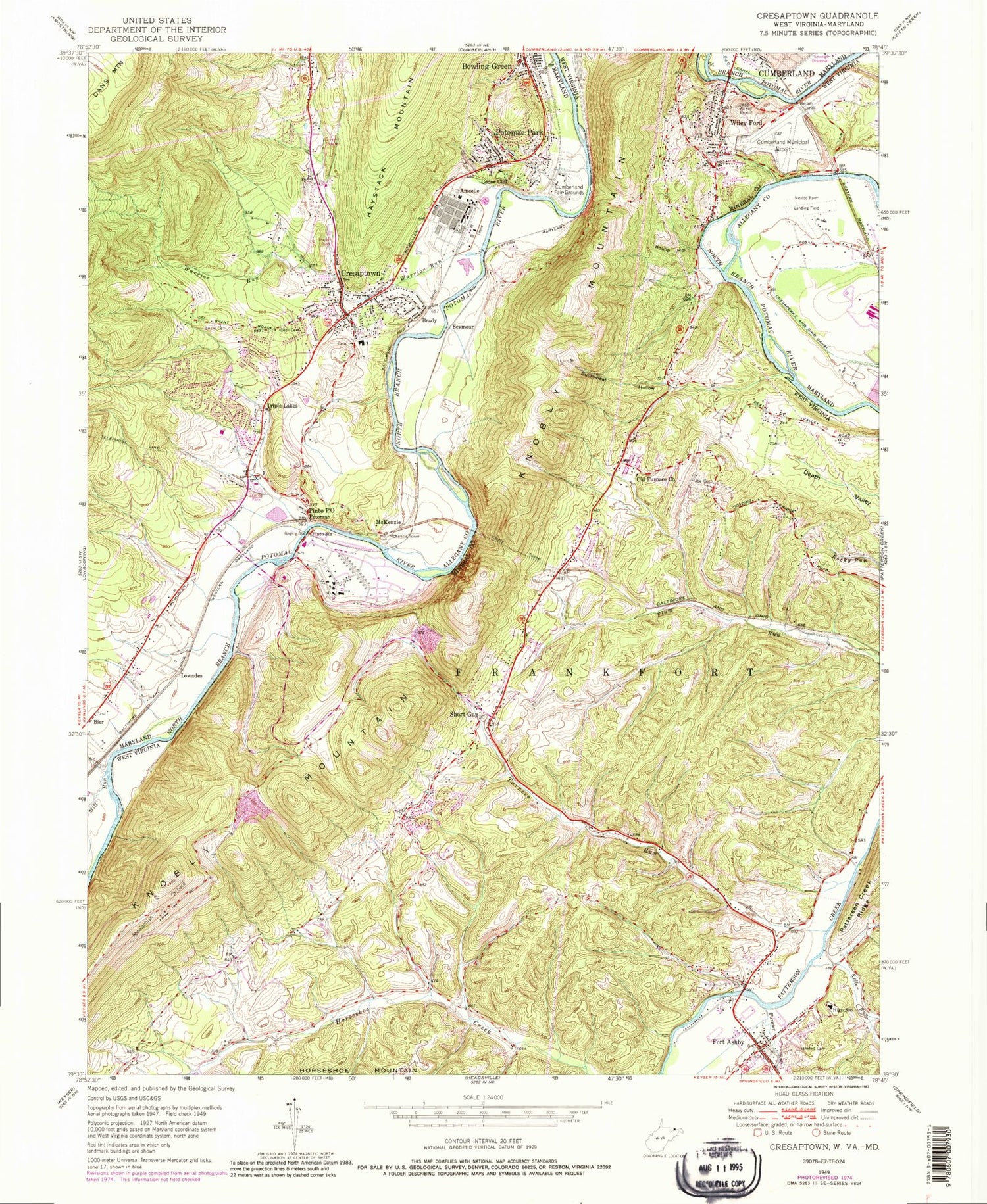 Classic USGS Cresaptown Maryland 7.5'x7.5' Topo Map Image