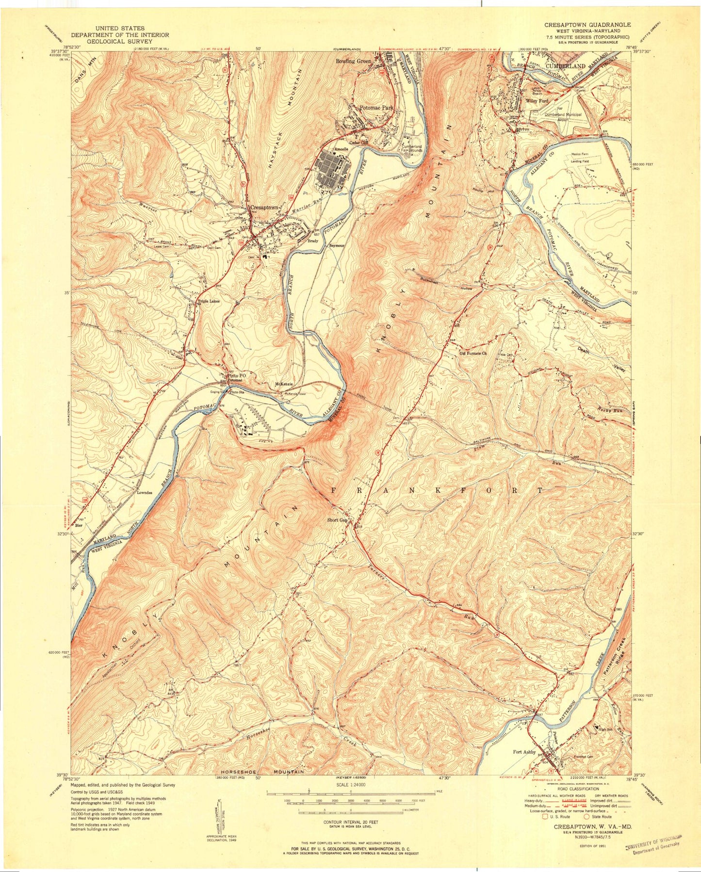 Classic USGS Cresaptown Maryland 7.5'x7.5' Topo Map Image