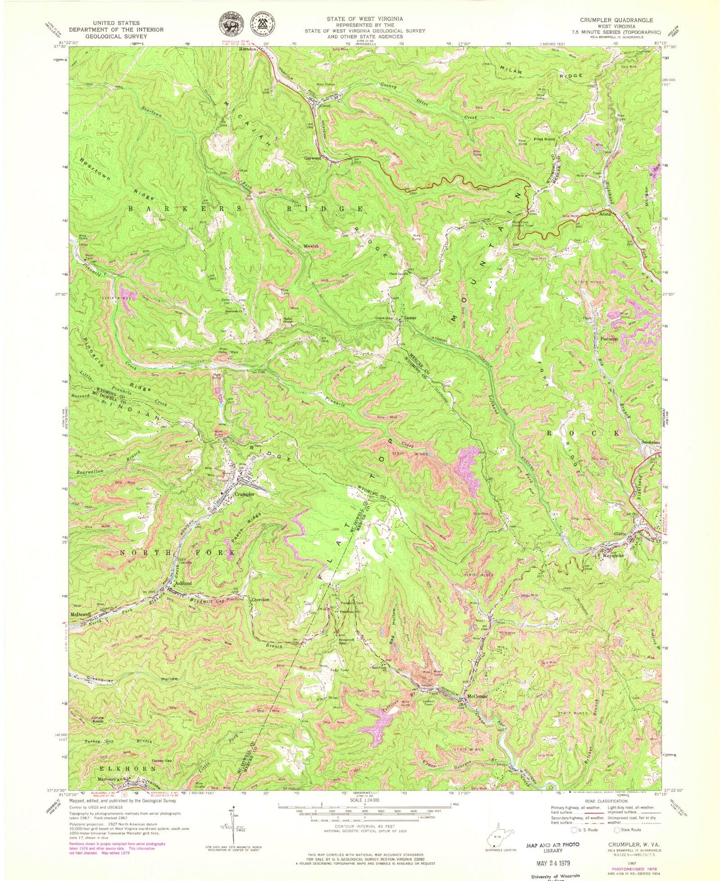 Classic USGS Crumpler West Virginia 7.5'x7.5' Topo Map Image