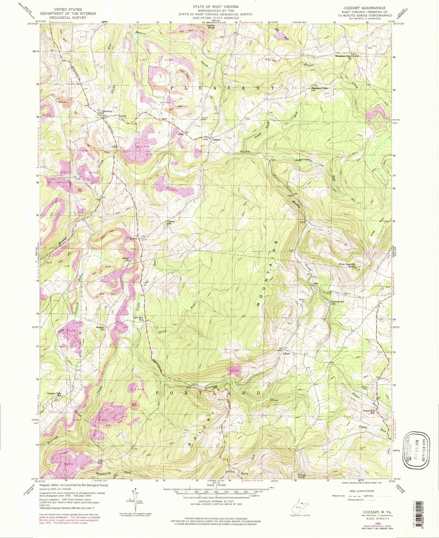 Classic USGS Cuzzart West Virginia 7.5'x7.5' Topo Map Image