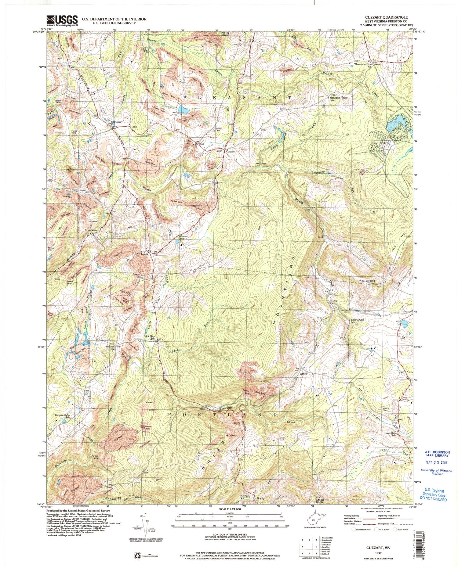 Classic USGS Cuzzart West Virginia 7.5'x7.5' Topo Map Image