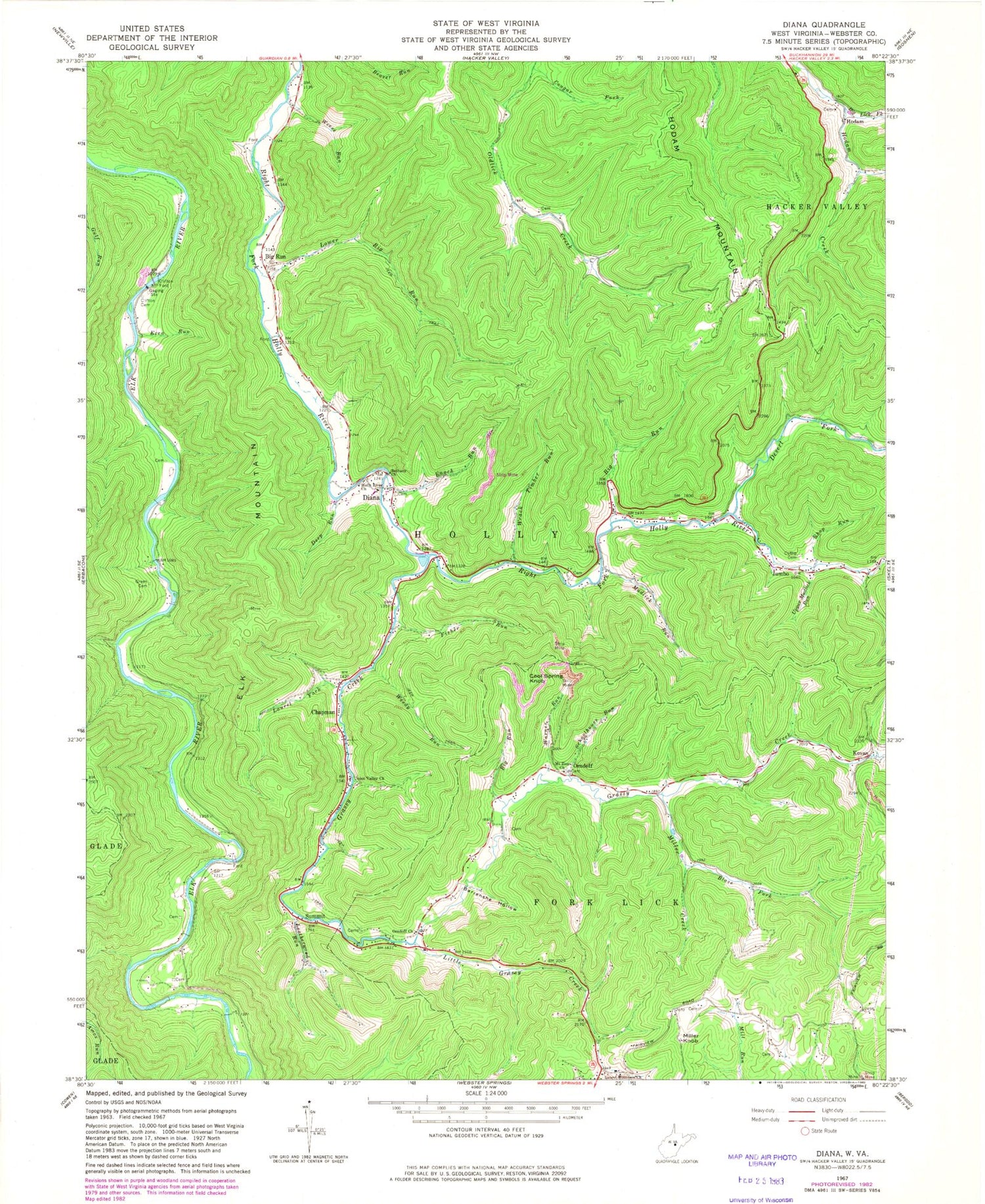 Classic USGS Diana West Virginia 7.5'x7.5' Topo Map Image