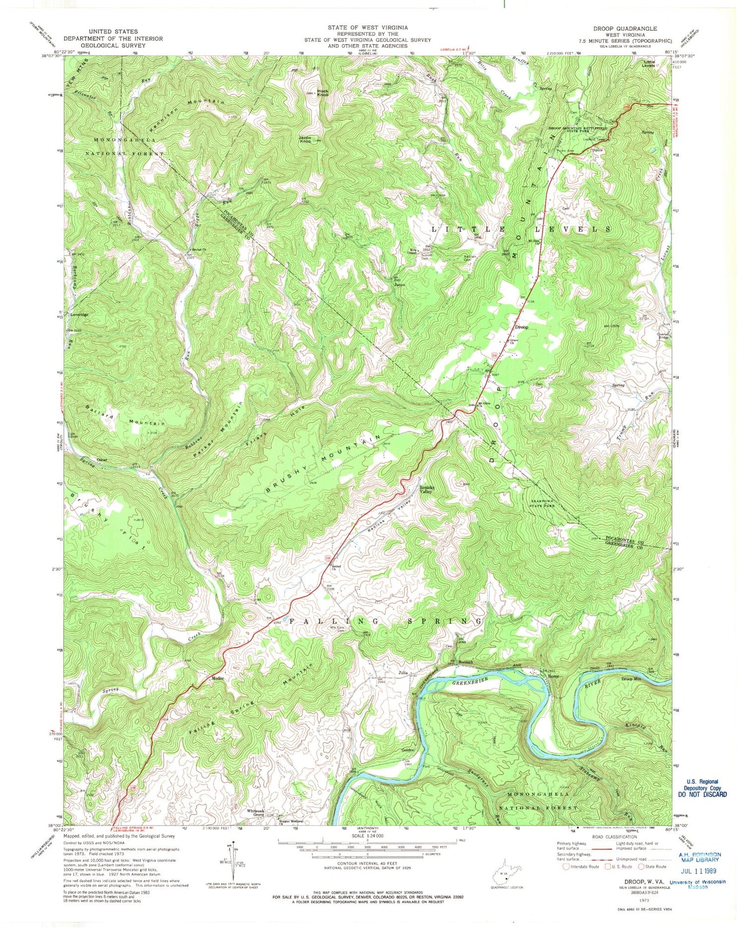 Classic USGS Droop West Virginia 7.5'x7.5' Topo Map Image