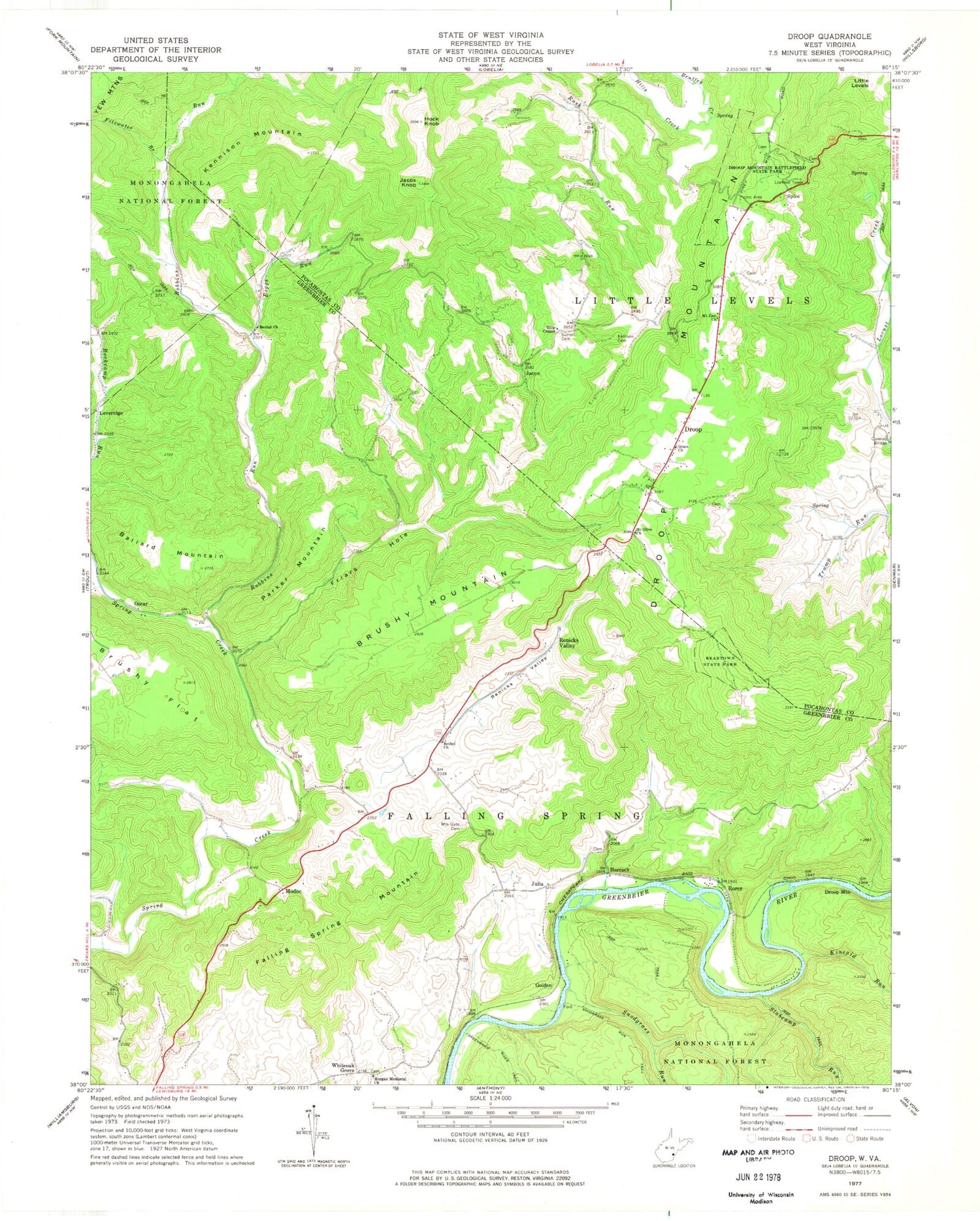 Classic USGS Droop West Virginia 7.5'x7.5' Topo Map Image
