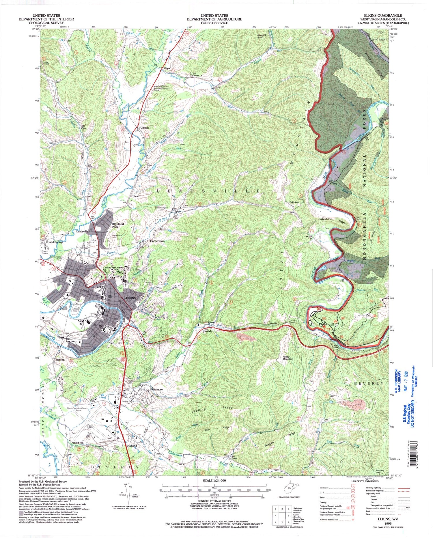 Classic USGS Elkins West Virginia 7.5'x7.5' Topo Map Image