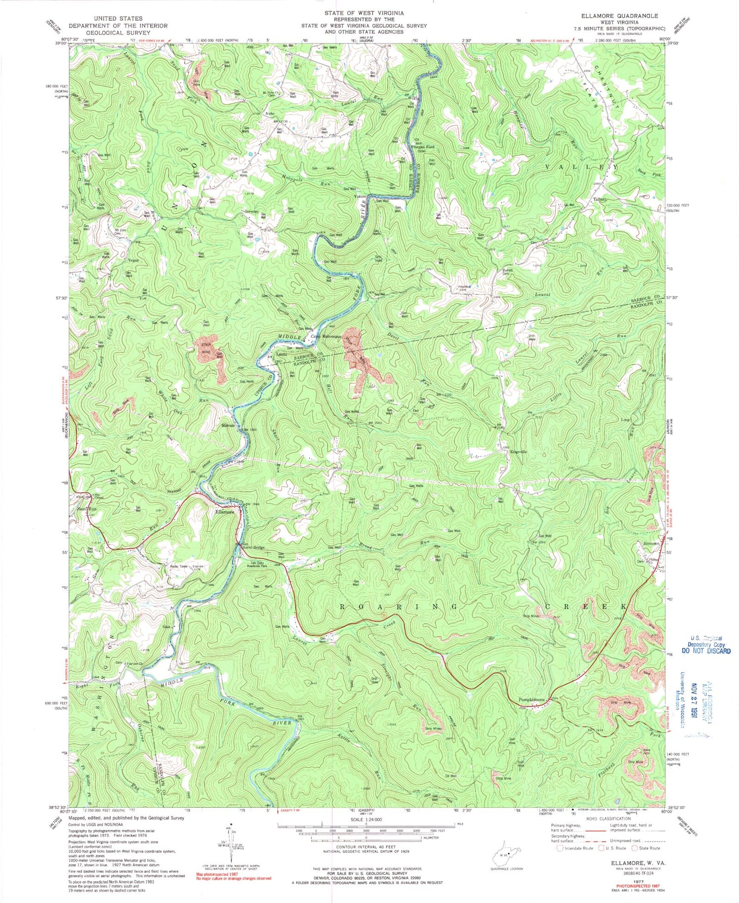 Classic USGS Ellamore West Virginia 7.5'x7.5' Topo Map Image