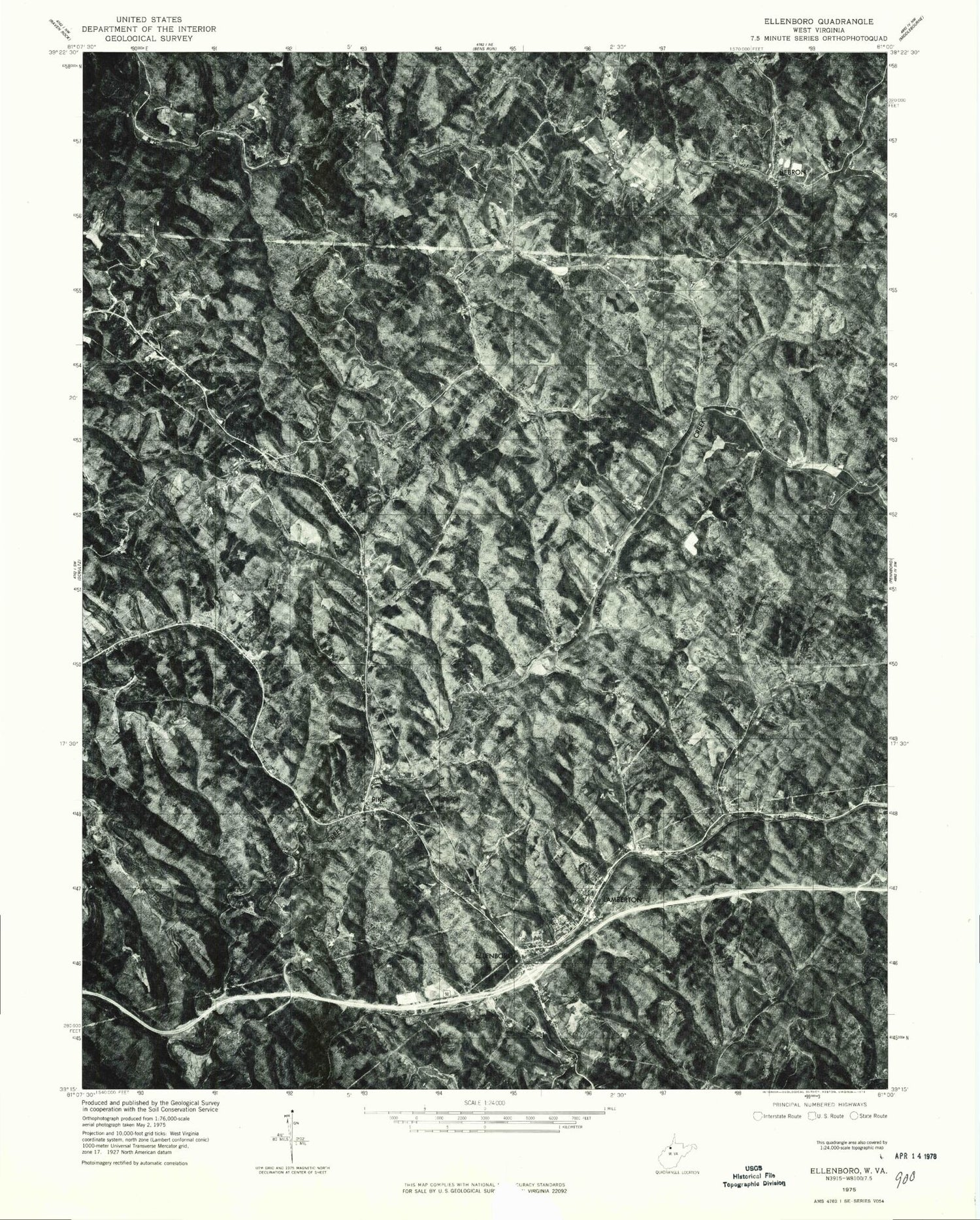 Classic USGS Ellenboro West Virginia 7.5'x7.5' Topo Map Image