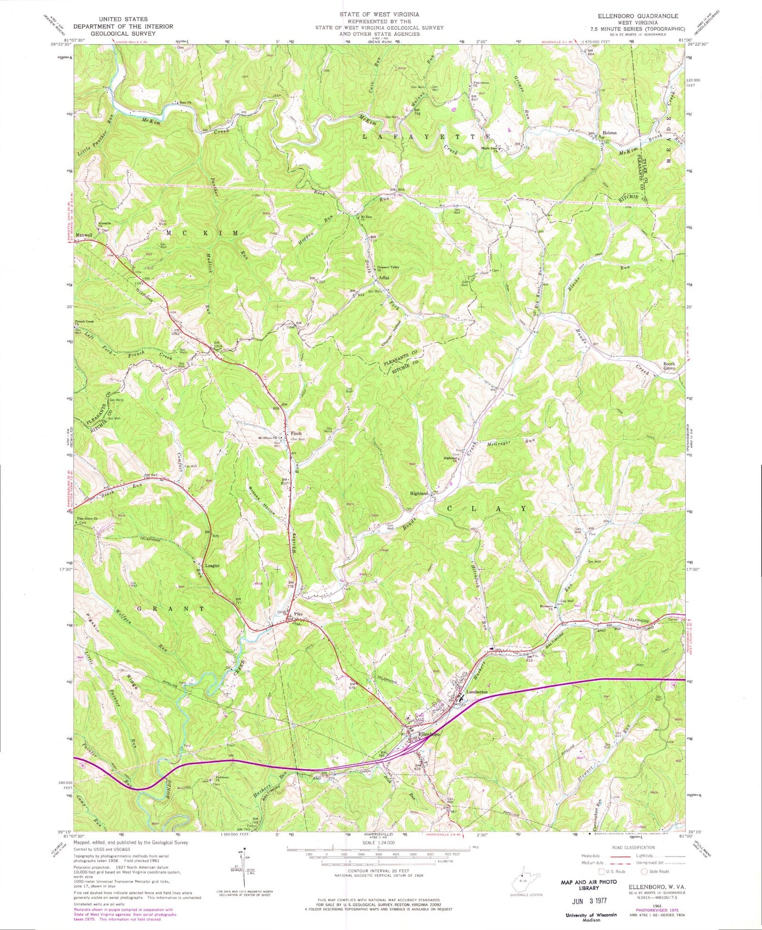 Classic USGS Ellenboro West Virginia 7.5'x7.5' Topo Map Image