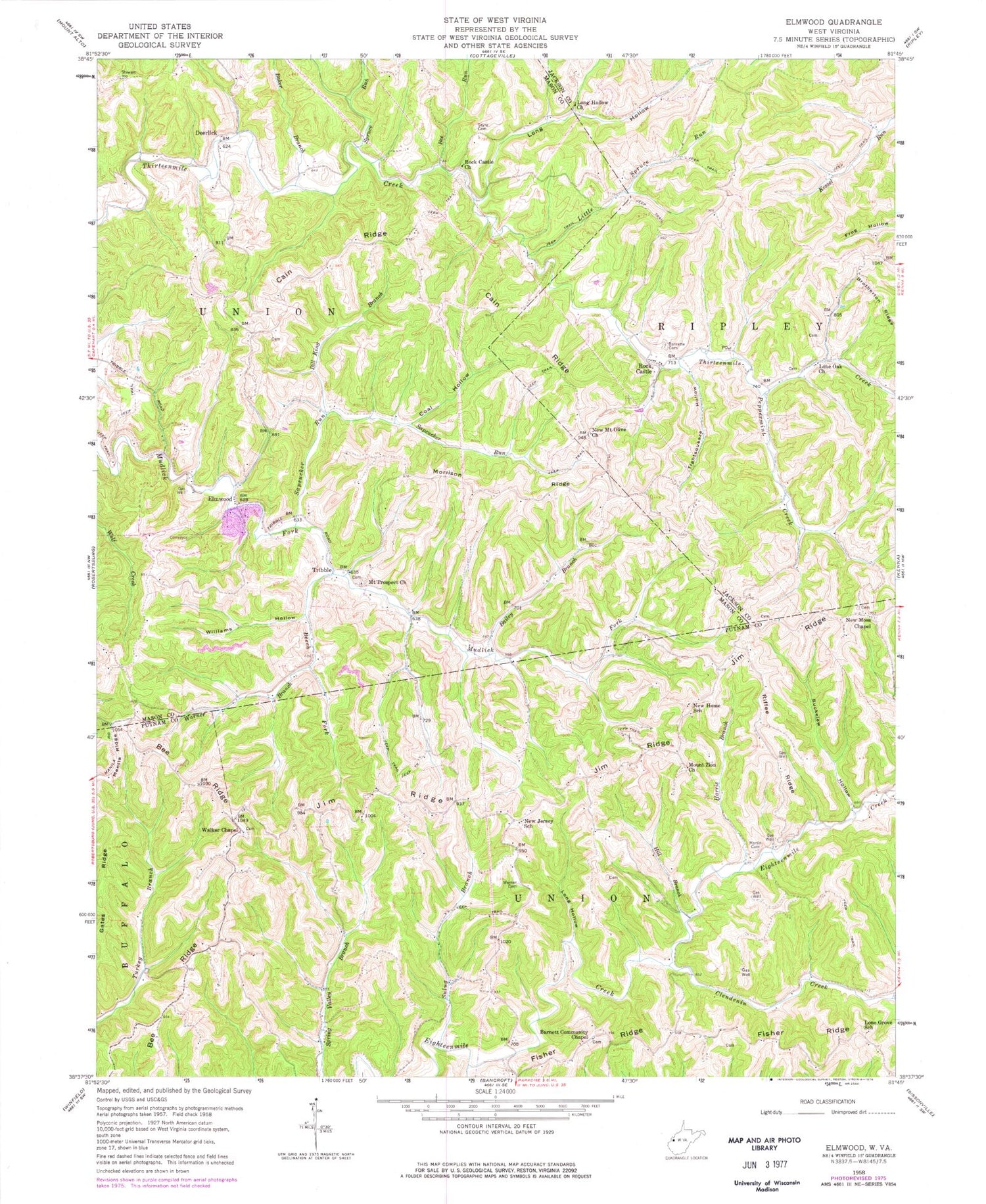 Classic USGS Elmwood West Virginia 7.5'x7.5' Topo Map Image