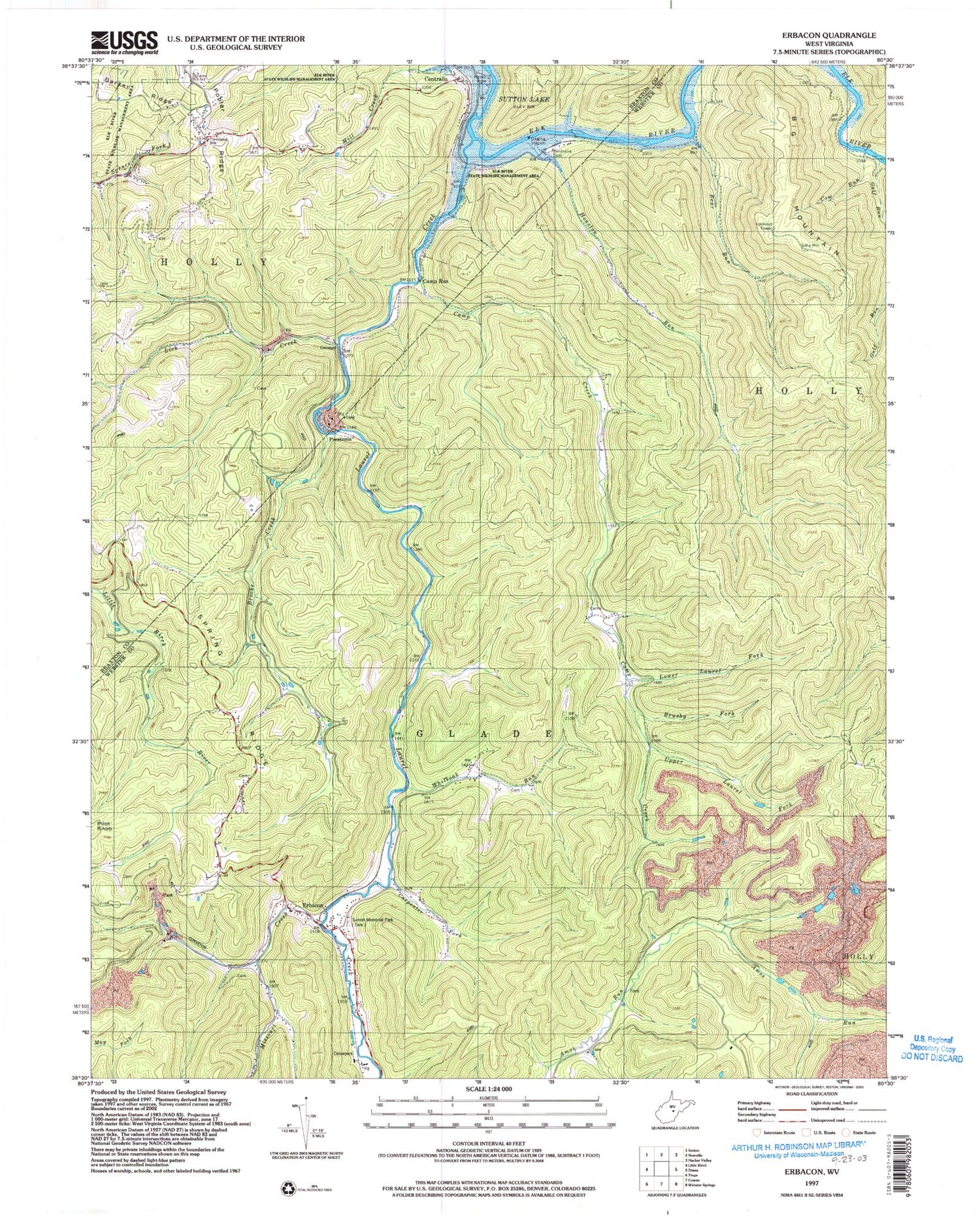 Classic USGS Erbacon West Virginia 7.5'x7.5' Topo Map Image
