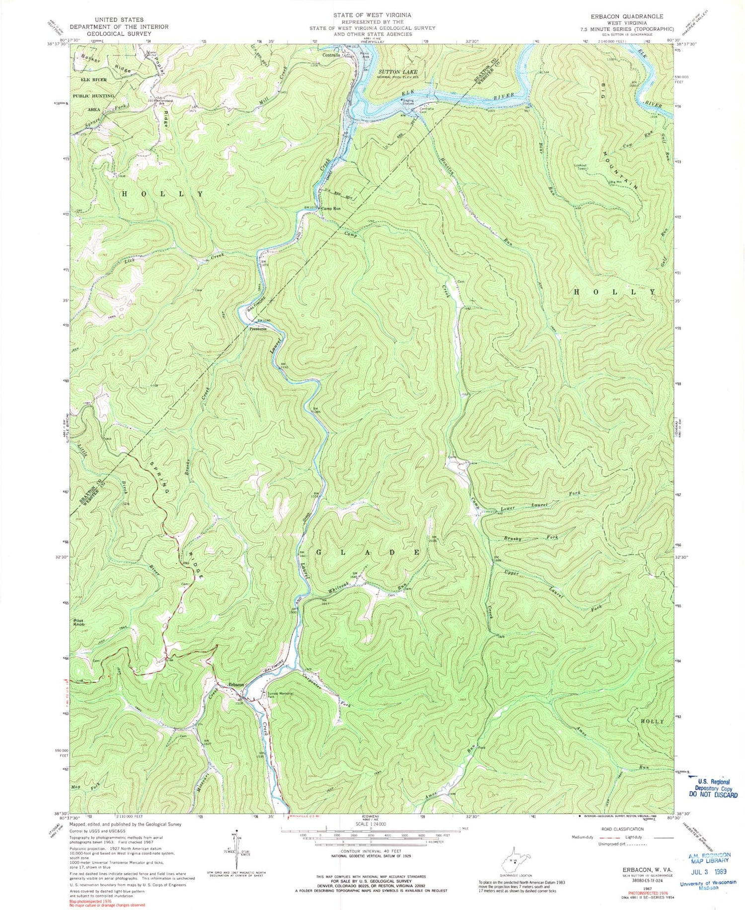 Classic USGS Erbacon West Virginia 7.5'x7.5' Topo Map Image