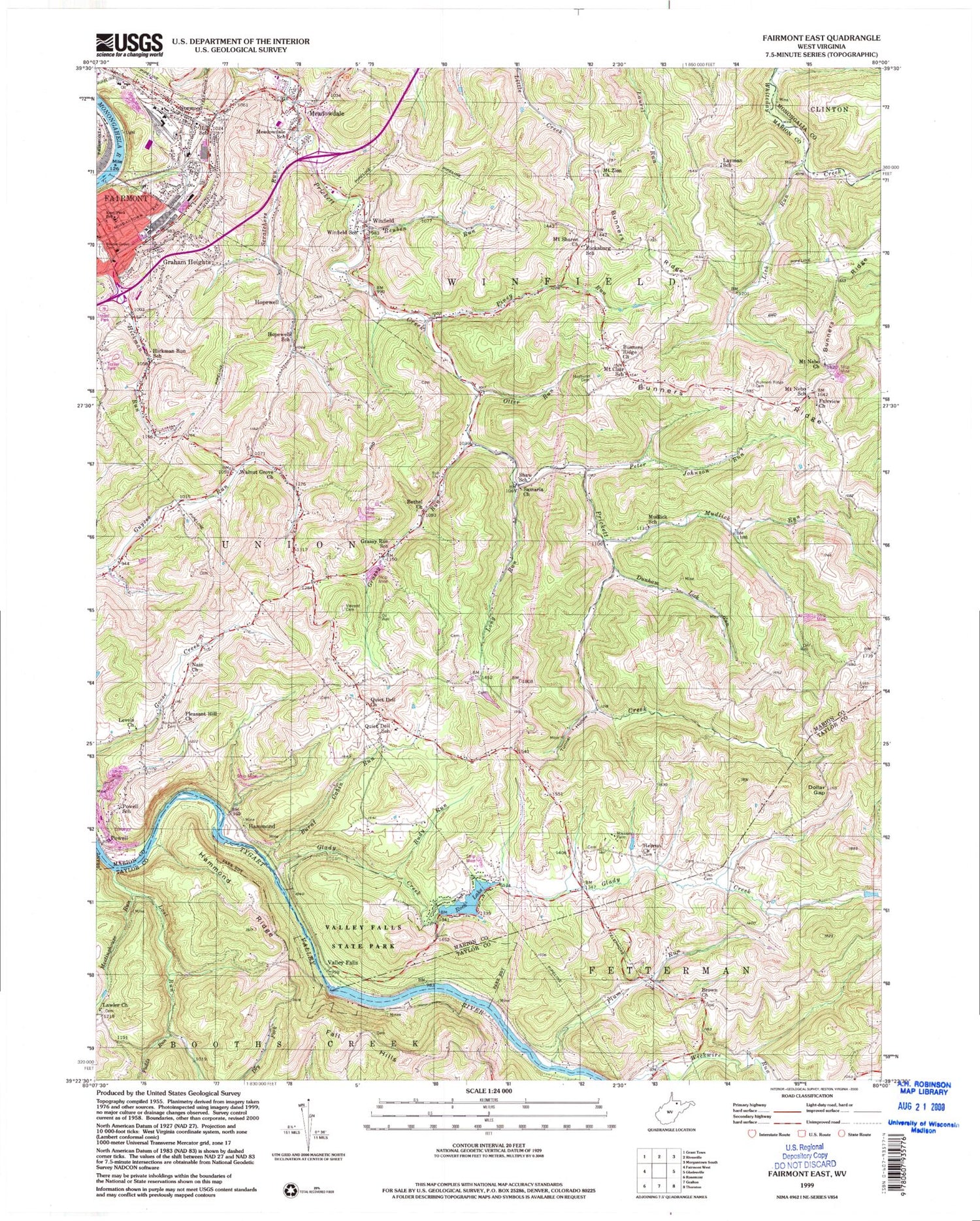 Classic USGS Fairmont East West Virginia 7.5'x7.5' Topo Map Image
